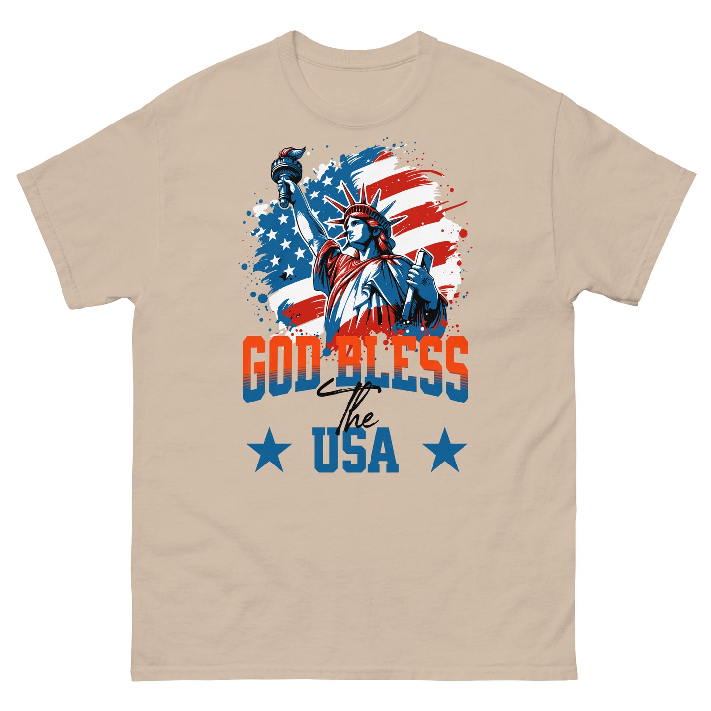 Sand colored USA Christian tee with bold liberty graphic and God Bless the USA message