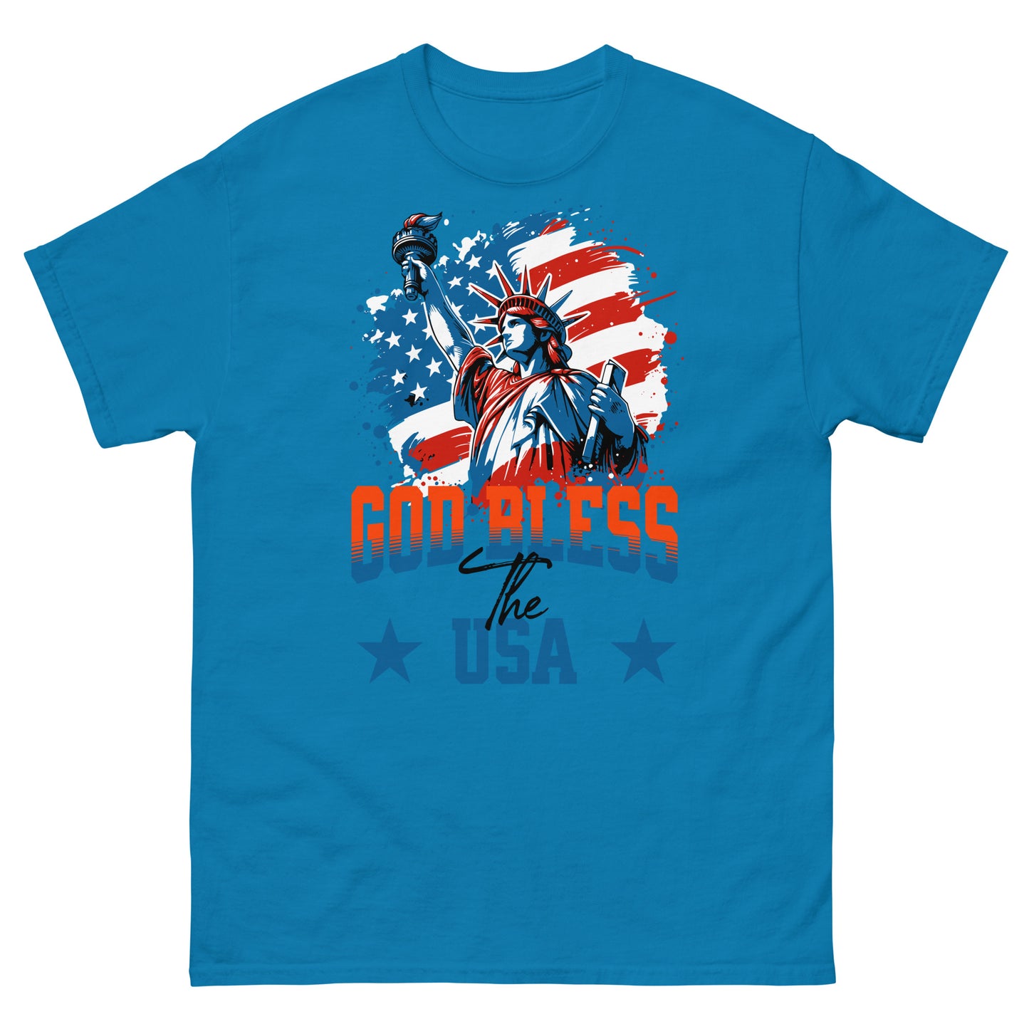 Sapphire USA pride shirt with Liberty statue and faith-based God Bless design