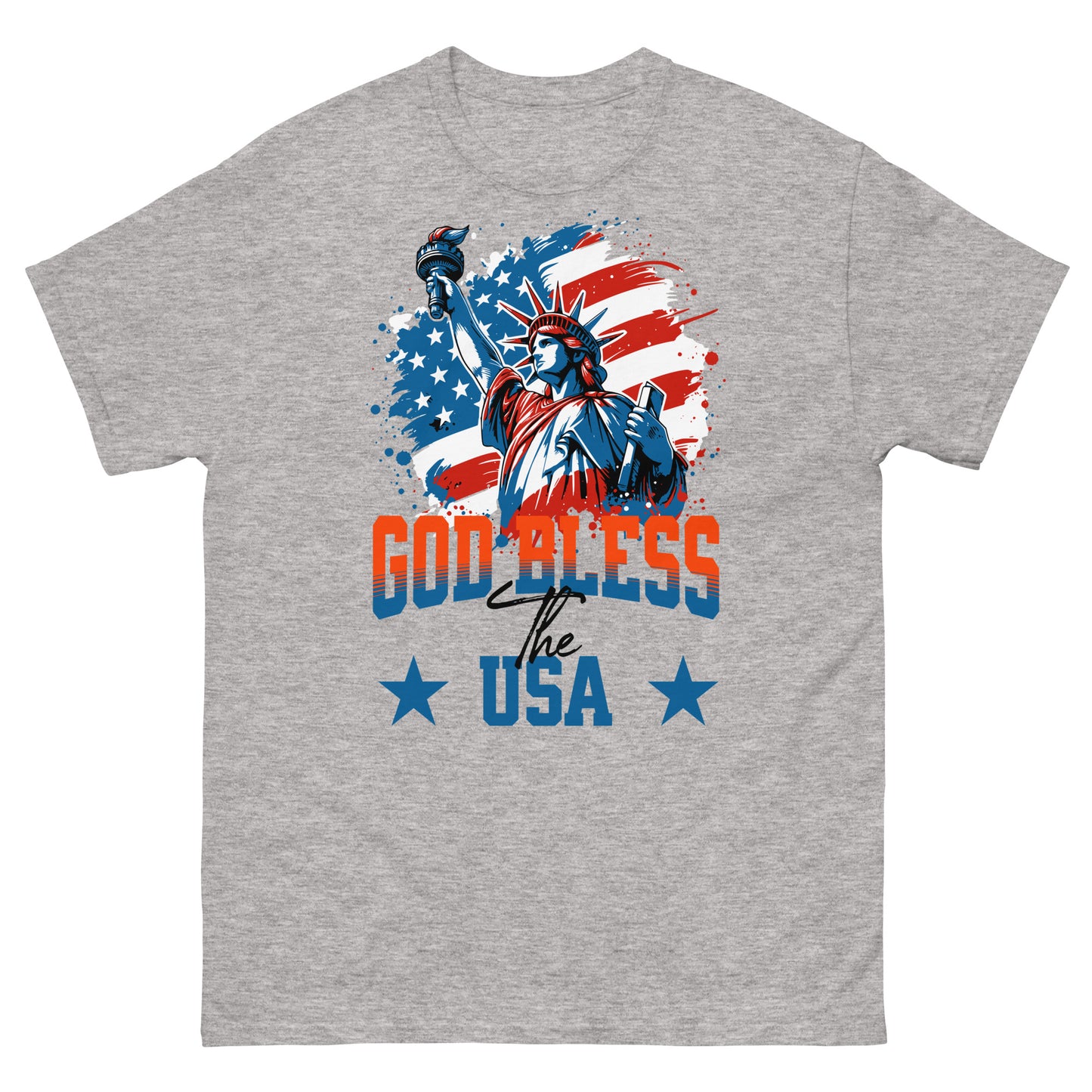 Sport grey God Bless shirt with American flag and Statue of Liberty patriotic print