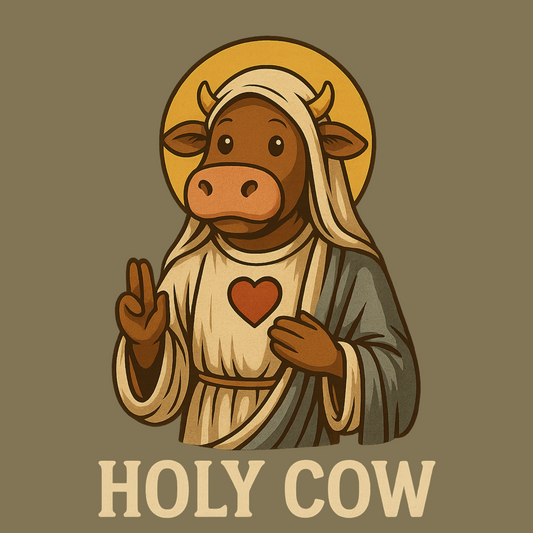 Close-up of Holy Cow graphic with saintly cow character, heart symbol, and halo on a funny religious pun t-shirt