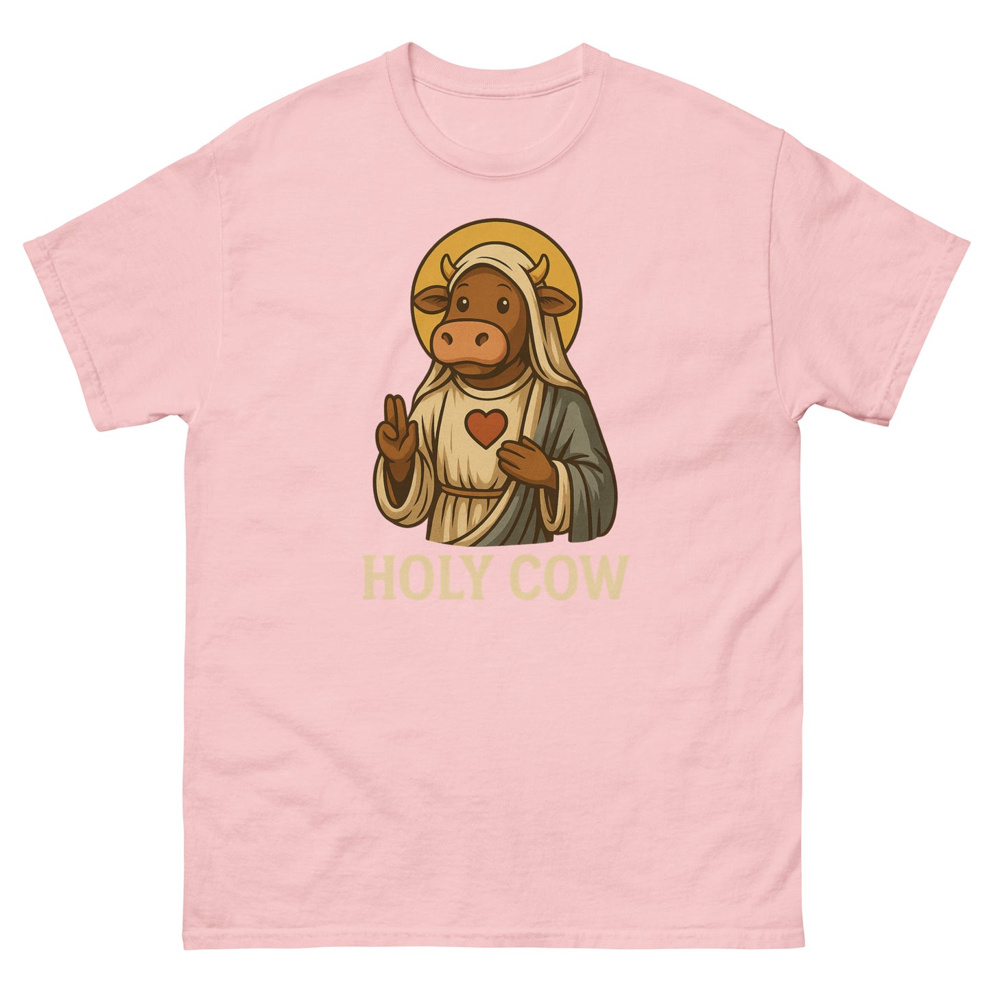 Light pink shirt with adorable “Holy Cow” saint cow graphic and spiritual humor