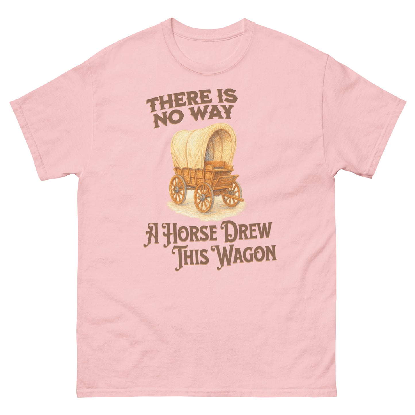 Light pink novelty shirt with funny “horse drew this wagon” visual pun for pun lovers