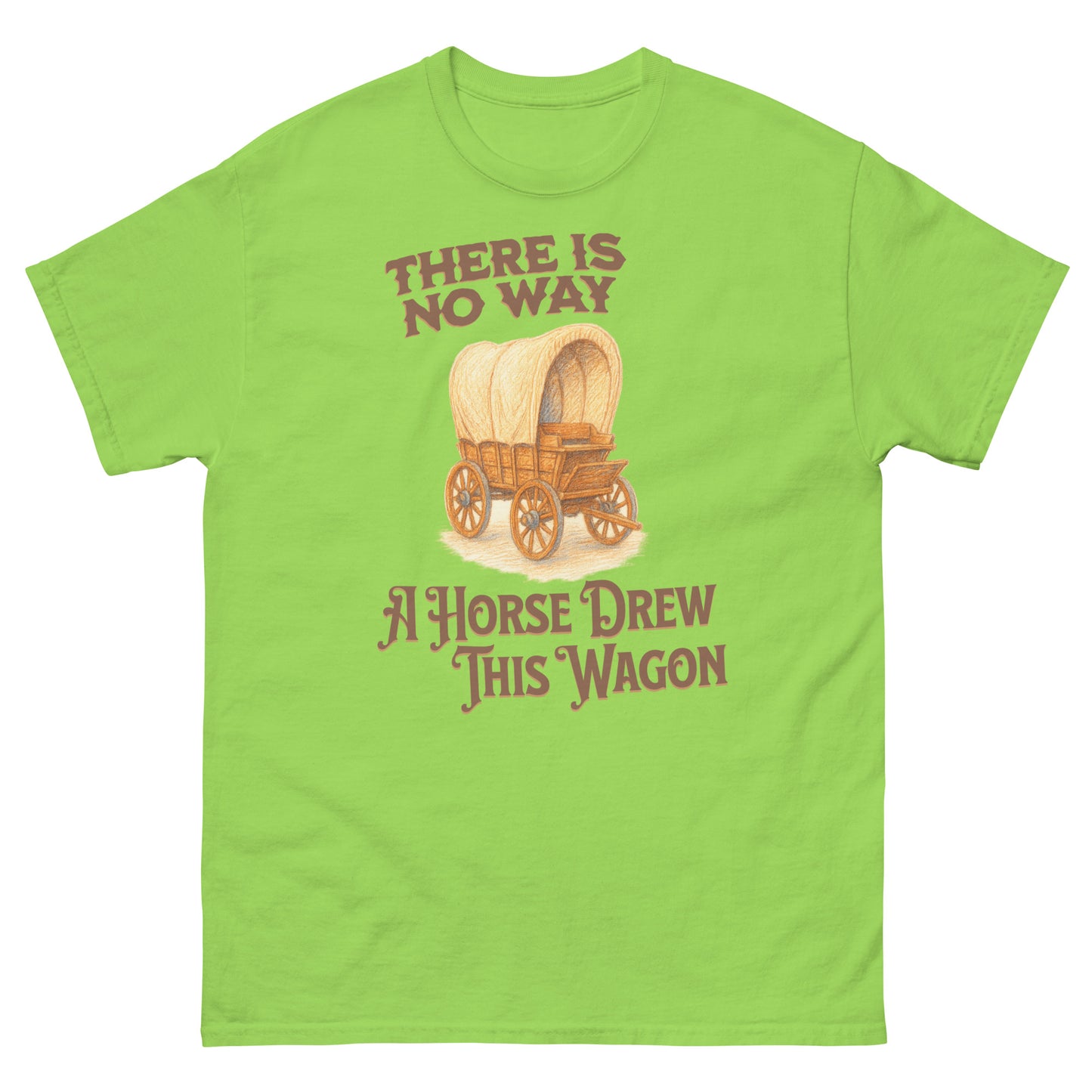 Lime green funny shirt with sarcastic horse and wagon pun graphic