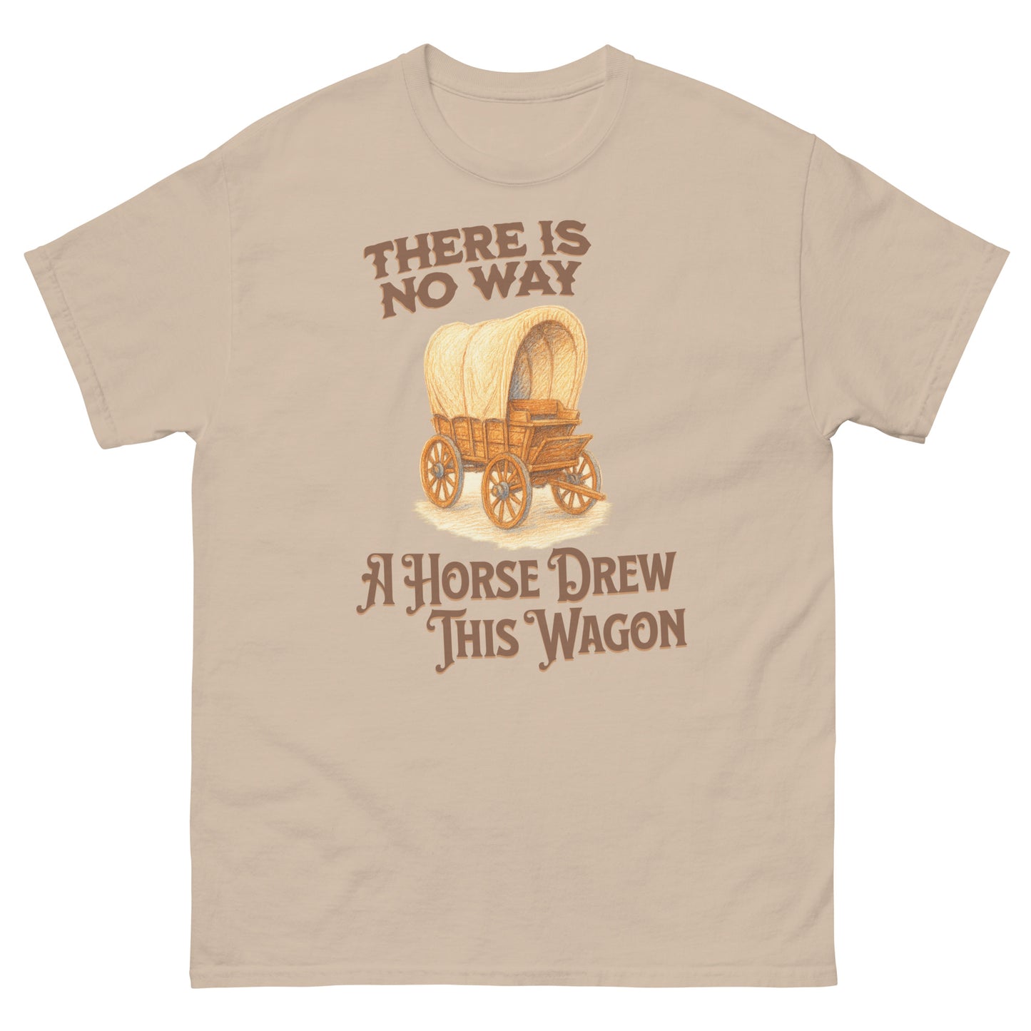 Sand colored t-shirt with clever wagon pun and vintage western aesthetic