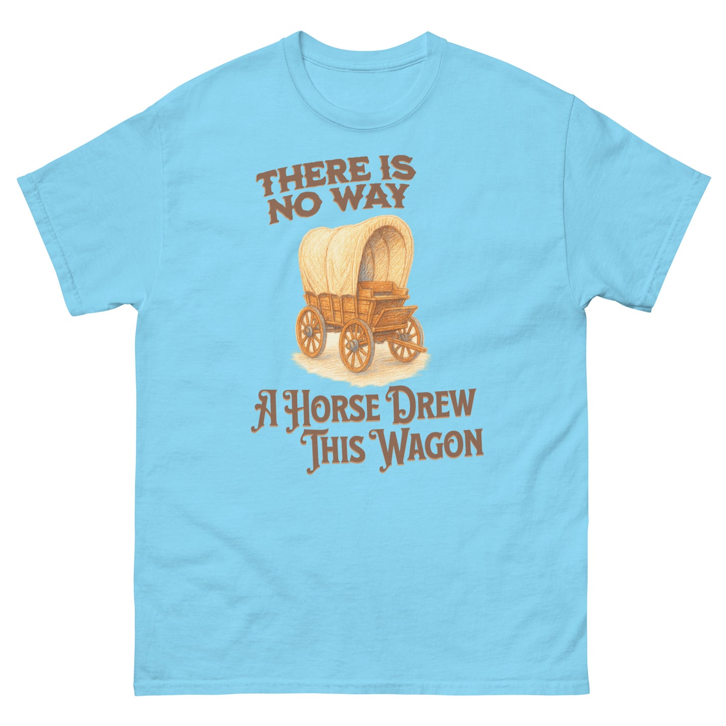 Sky blue double entendre shirt with western visual joke and retro wagon art