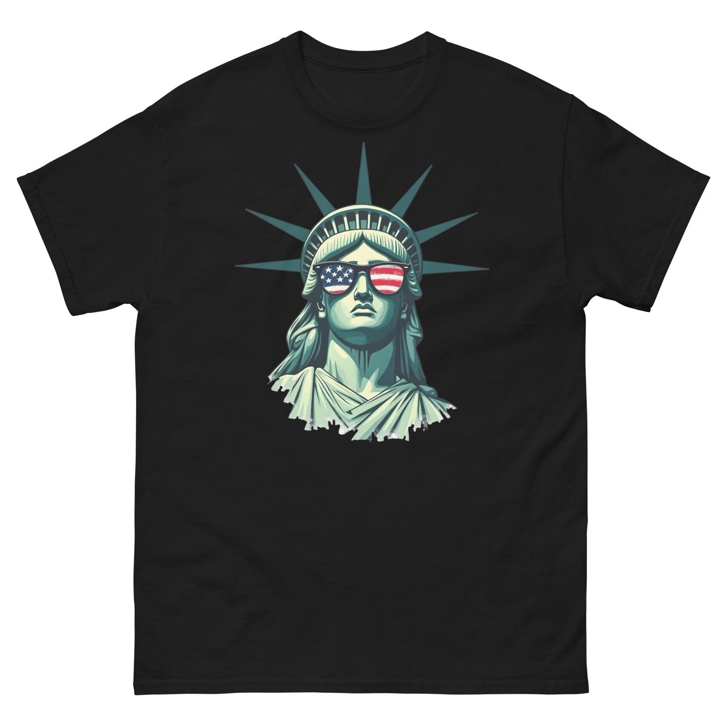 Black patriotic USA pride shirt featuring Lady Liberty with flag sunglasses in graphic style
