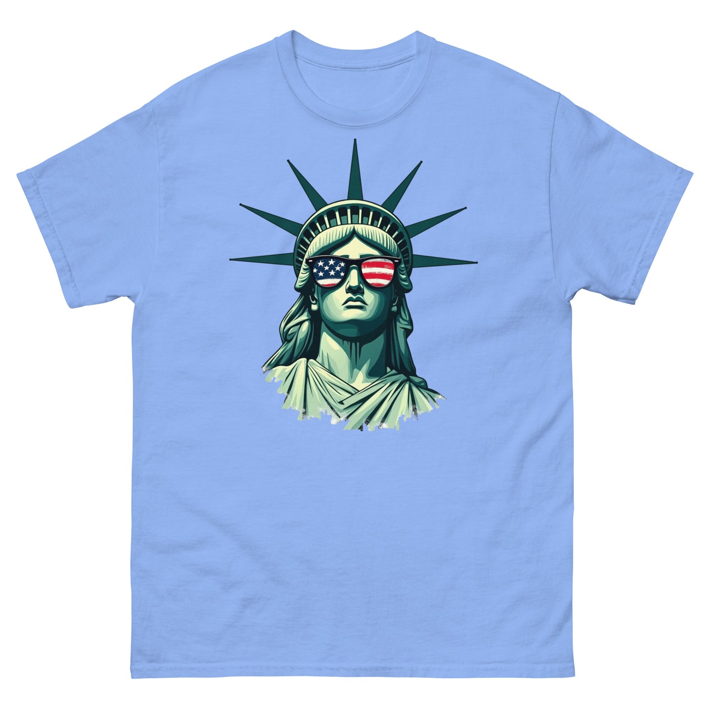 Carolina blue 4th of July shirt with Lady Liberty wearing red, white, and blue shades