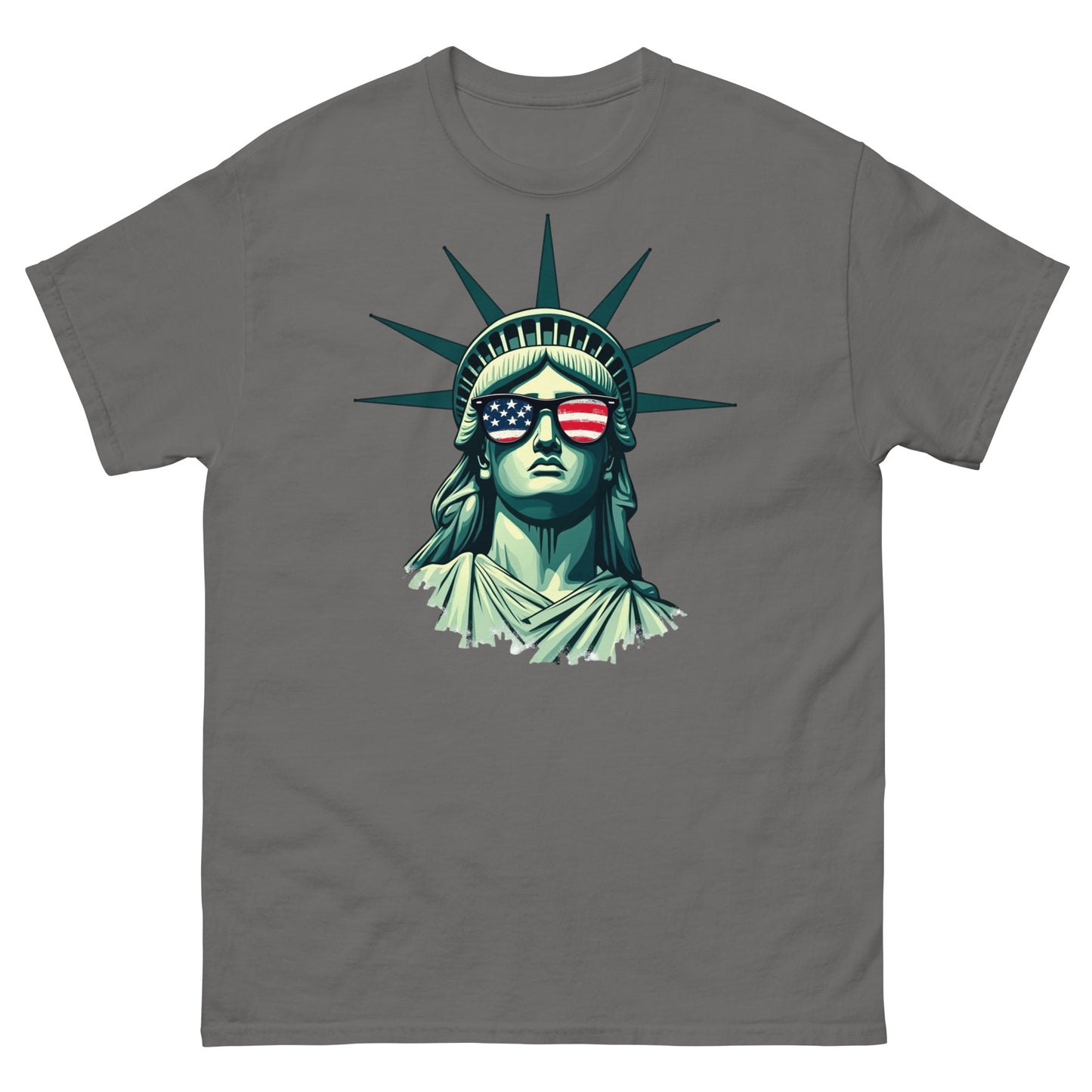 Charcoal graphic tee with cool Lady Liberty portrait in American flag shades