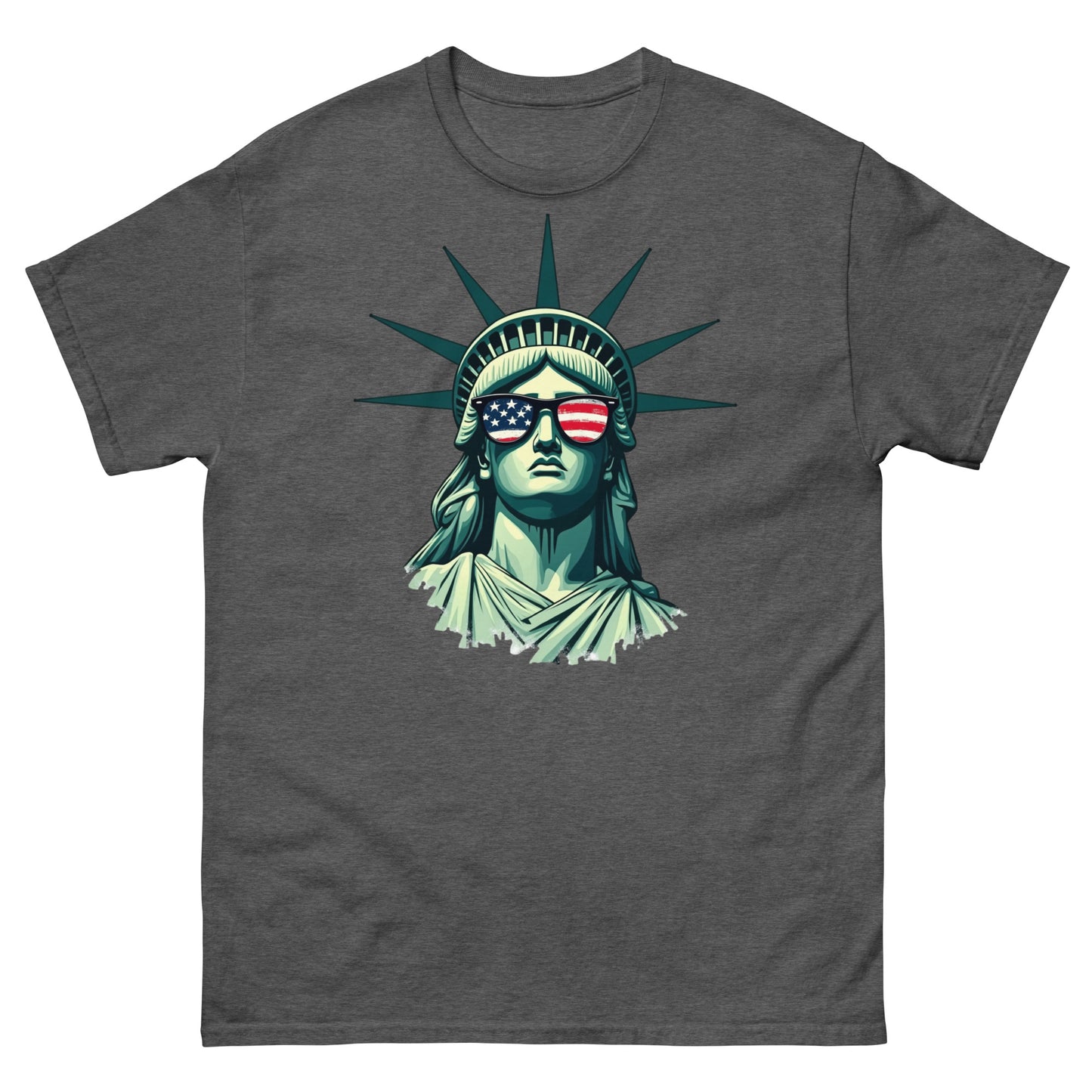 Dark heather tee with modern Liberty statue design wearing cool USA shades
