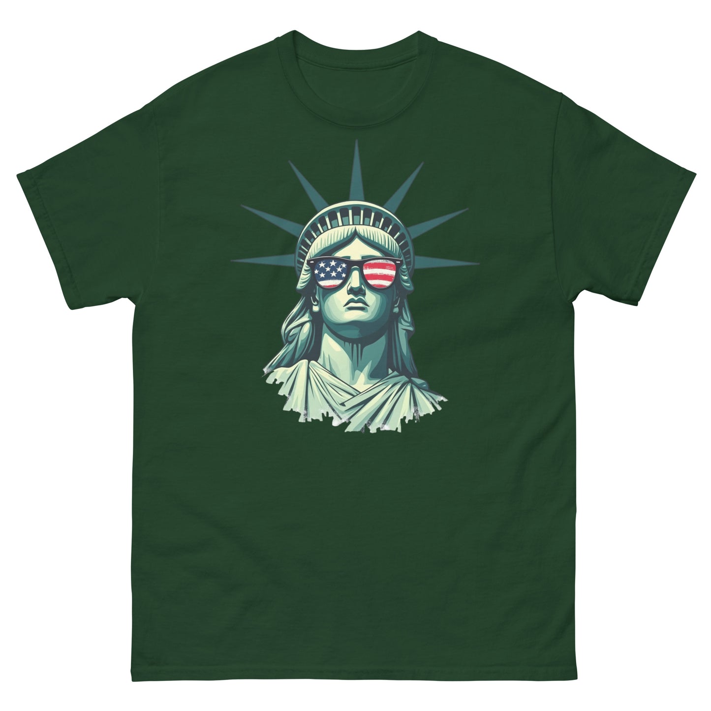 Forest green American pride tee with Lady Liberty in sunglasses, perfect for Independence Day