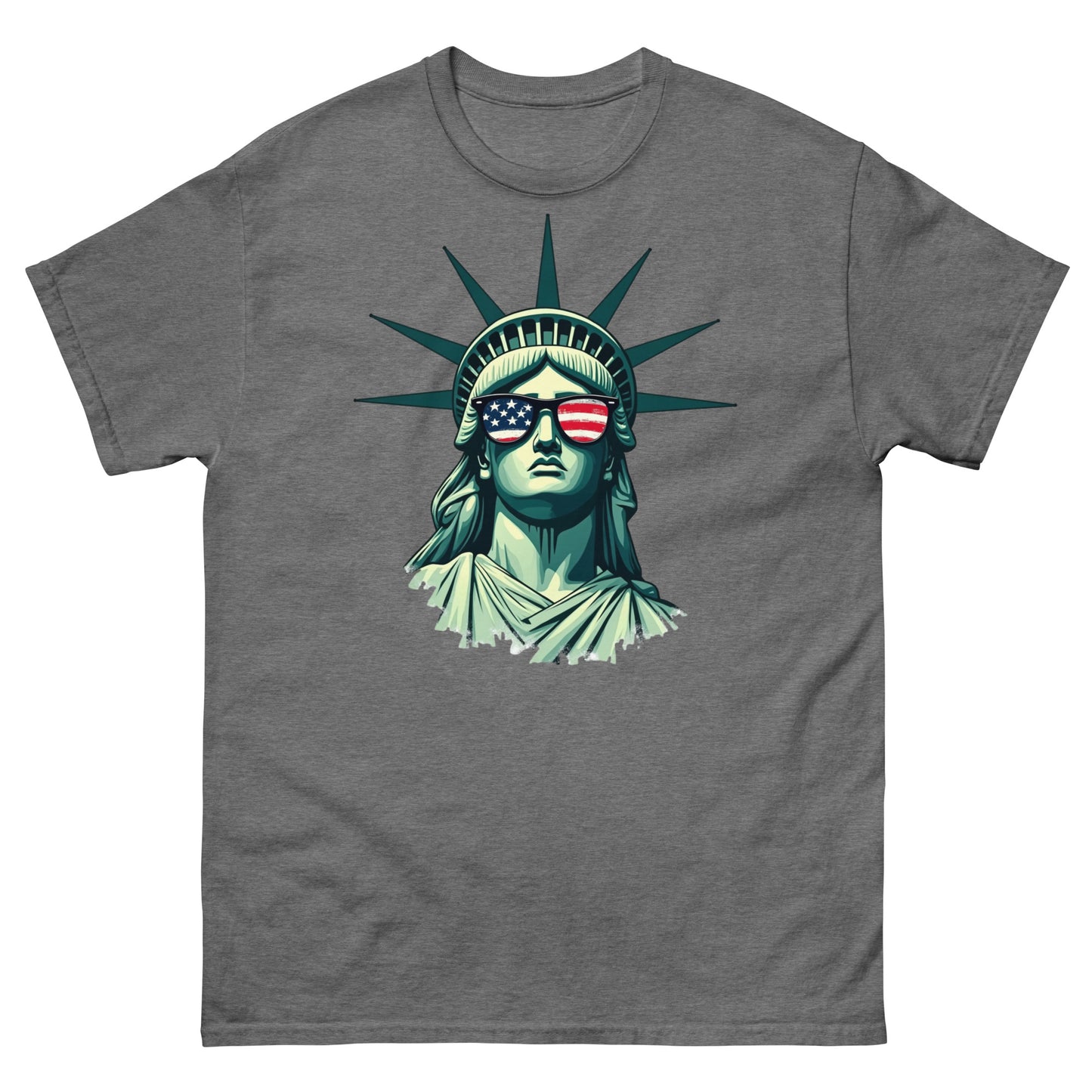 Graphite heather graphic t-shirt with detailed statue of liberty face and patriotic sunglasses