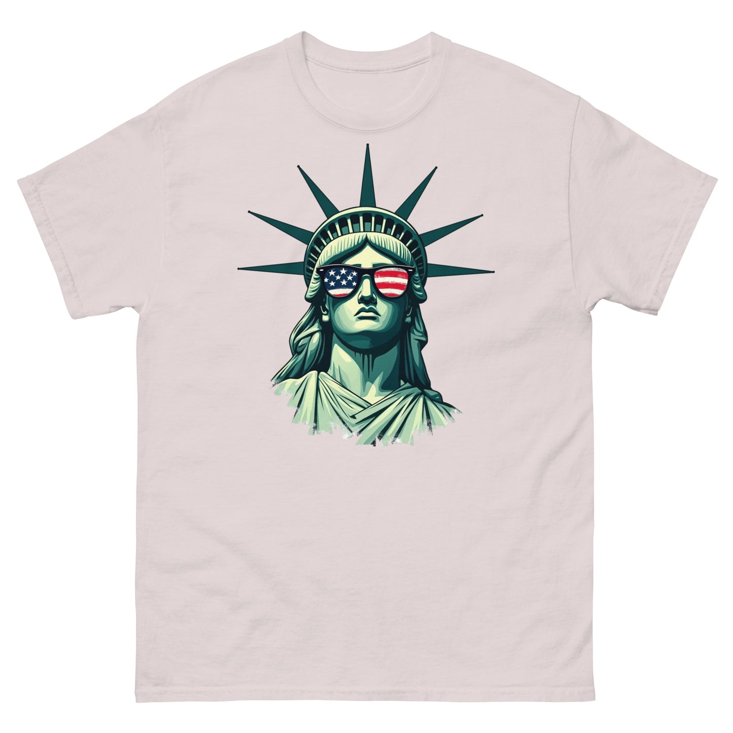 Ice grey summer tee with bold patriotic design of Lady Liberty rocking American sunglasses