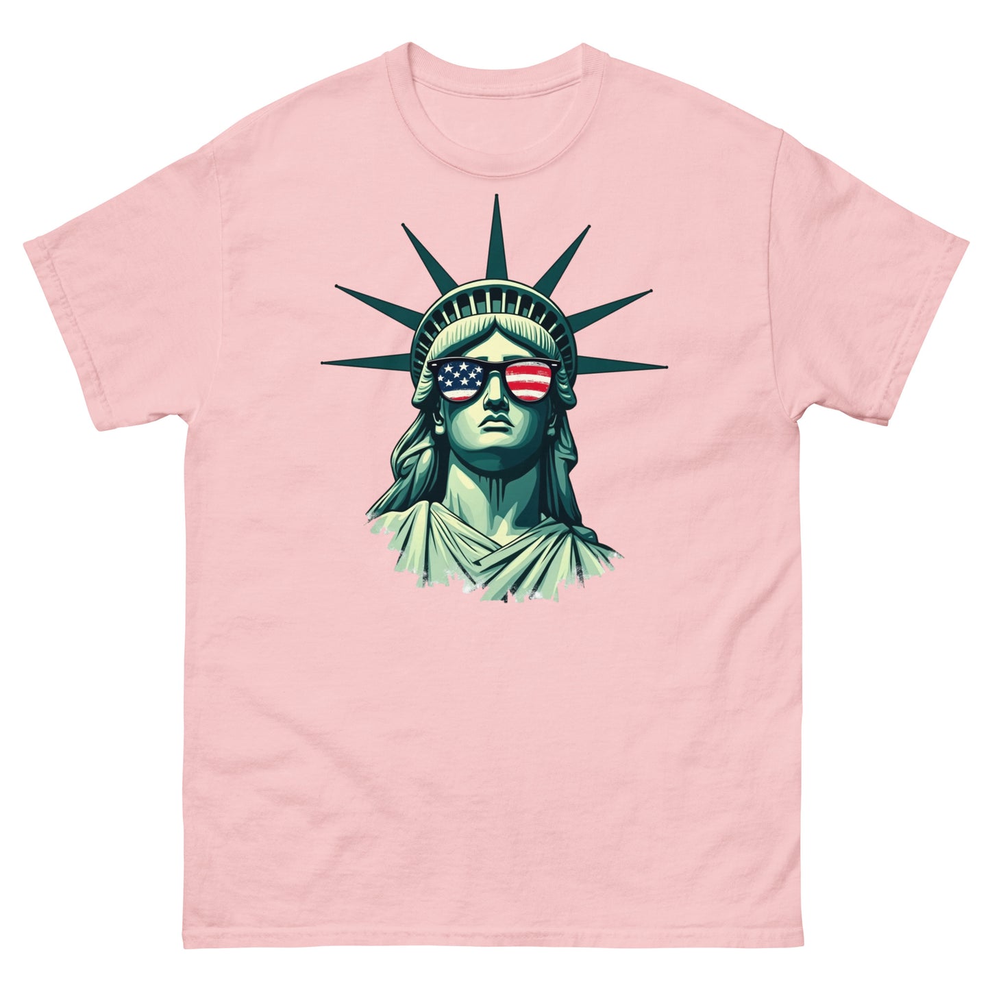 Light pink 4th of July shirt with fun, cool Lady Liberty graphic in USA flag glasses