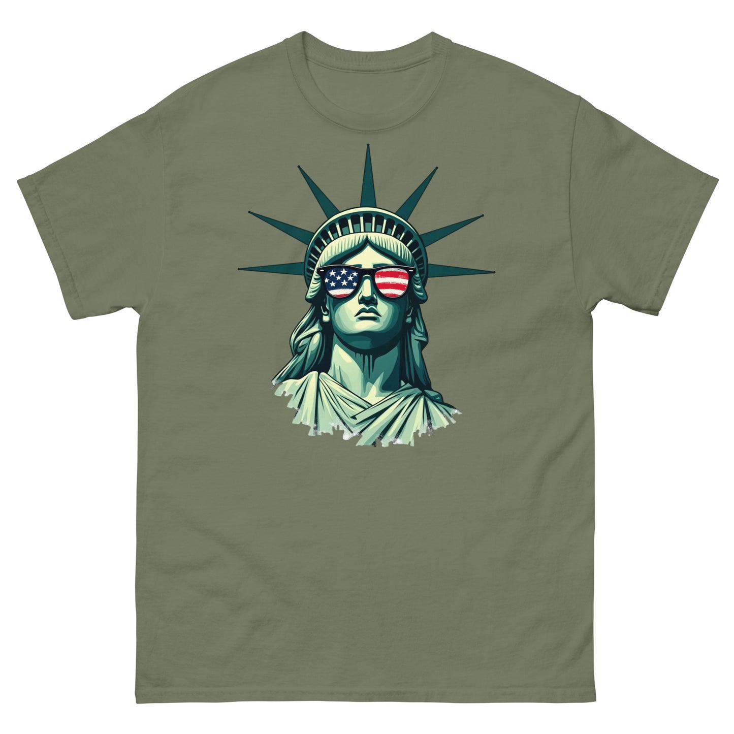Military green liberty pride t-shirt with detailed flag glasses and bold Americana tone