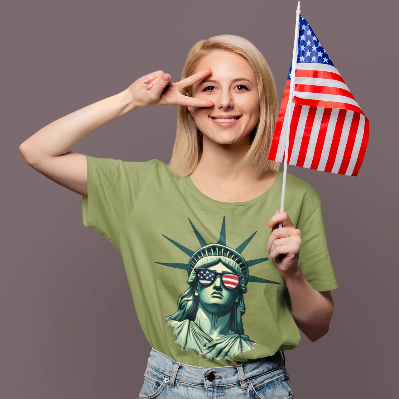 Woman holding American flag wearing Lady Liberty sunglasses shirt with patriotic graphic