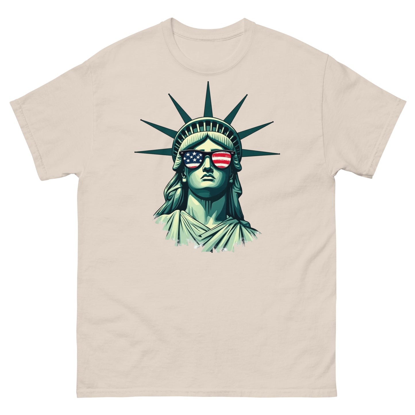 Natural tone shirt with Lady Liberty in flag shades for proud American fashion lovers