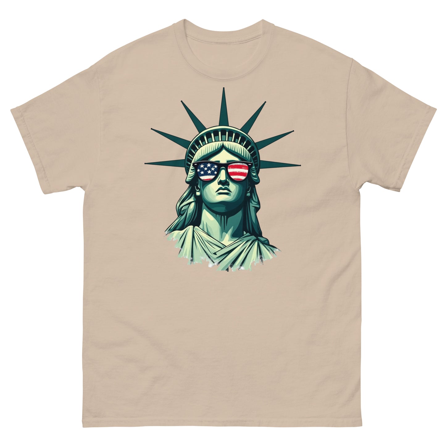 Sand-colored patriotic t-shirt with retro-style liberty face and American flag shades