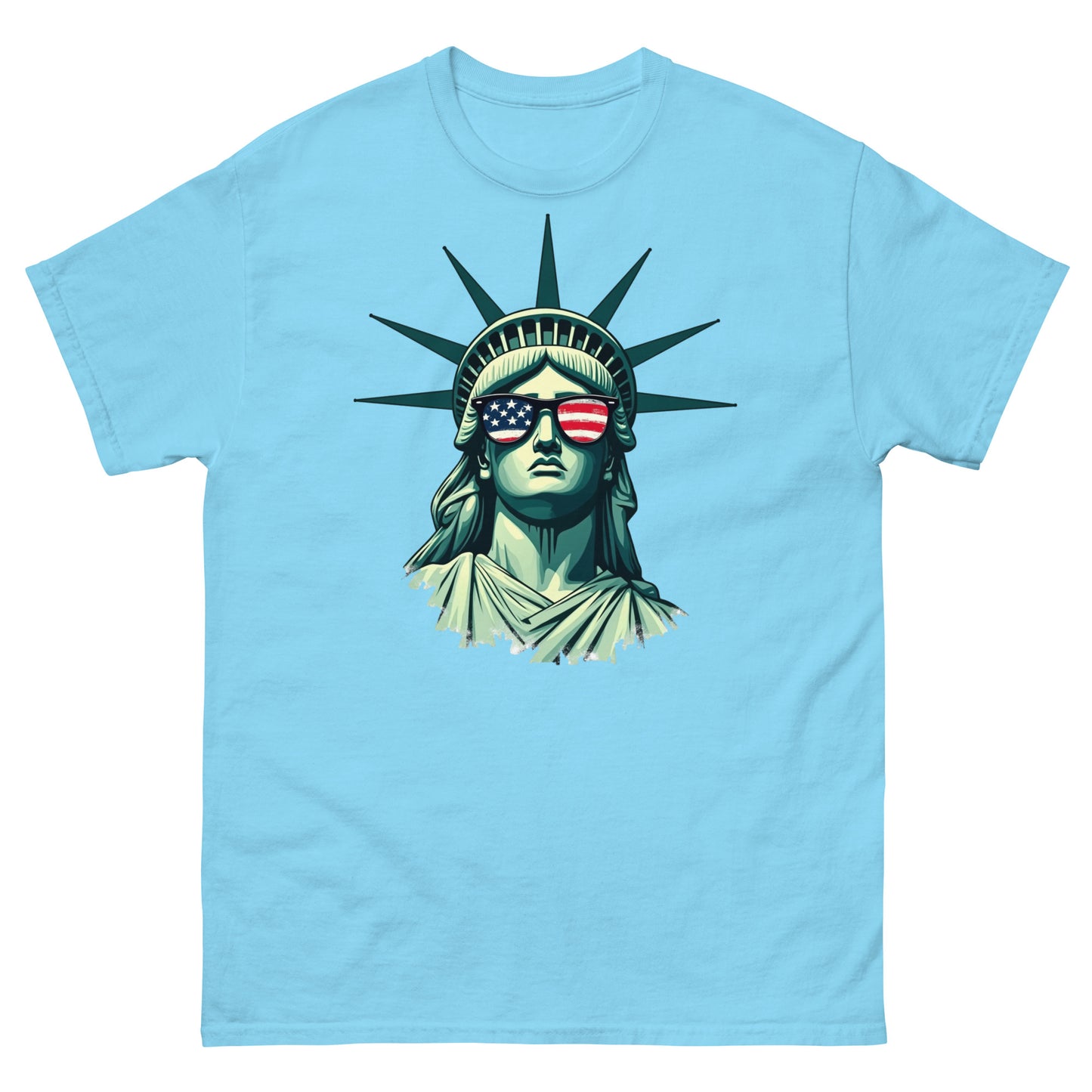 Sky blue freedom-themed tee with graphic liberty head and bold sunglasses artwork