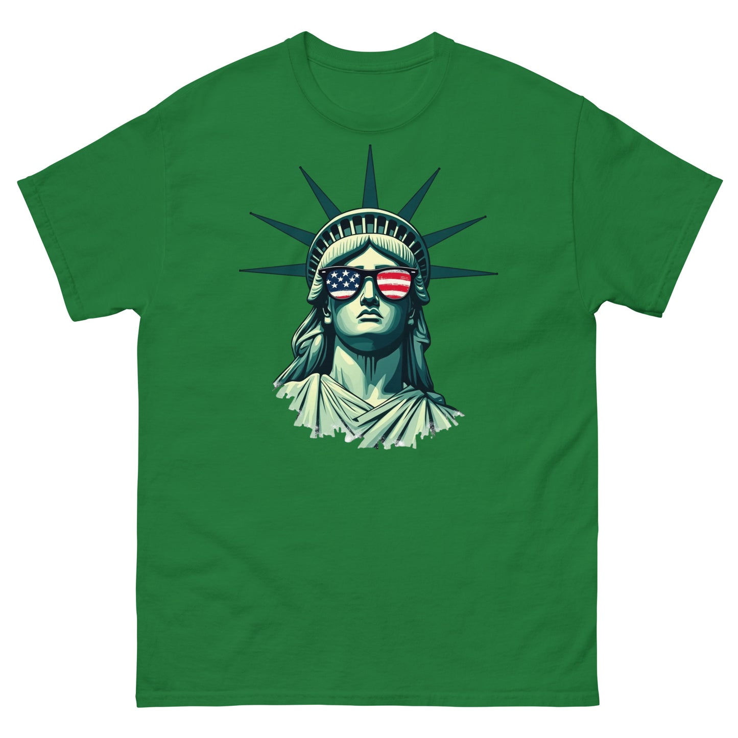 Turf green shirt with bold patriotic artwork of Lady Liberty in stars and stripes sunglasses
