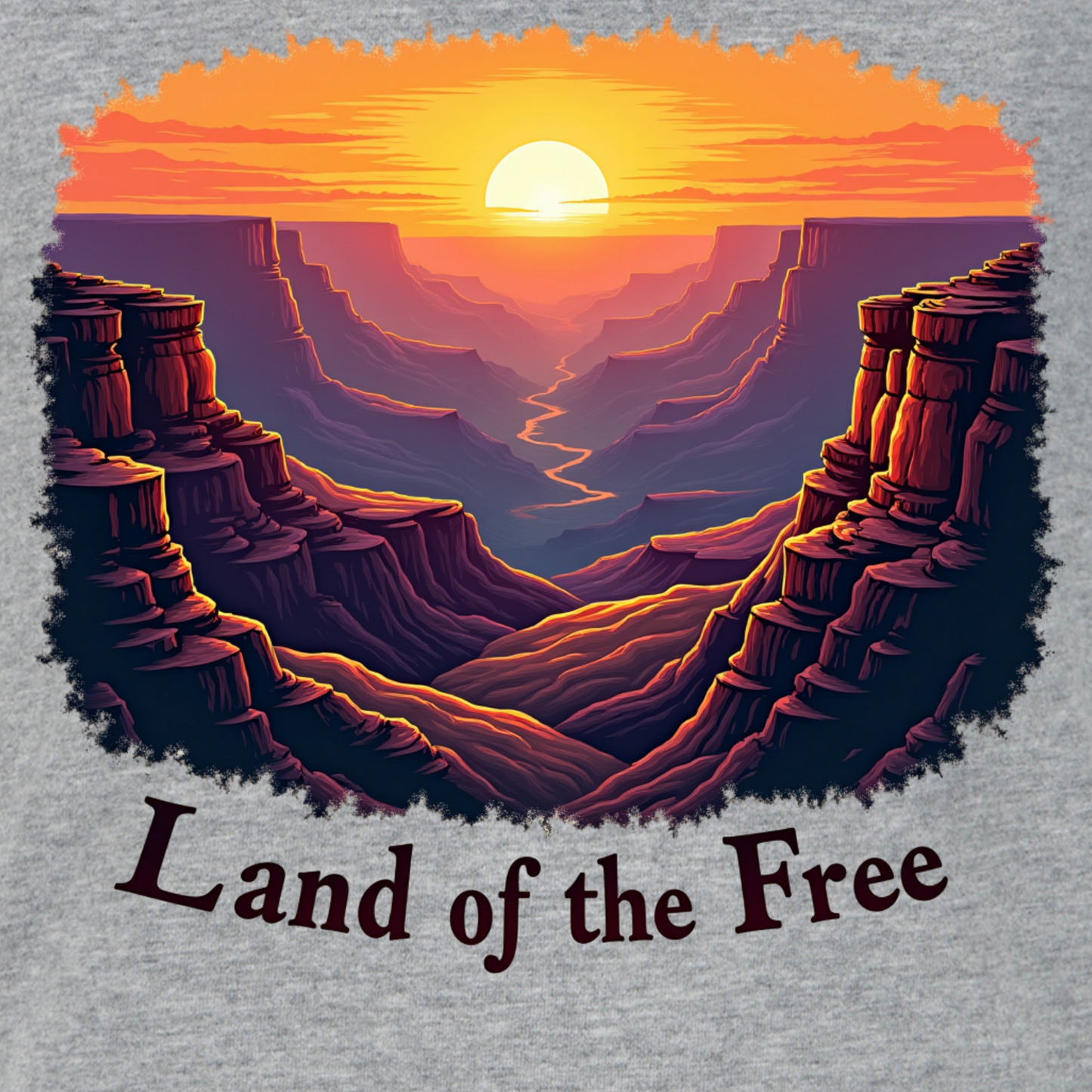 Canyon sunrise graphic with “Land of the Free” text in vintage nature landscape style patriotic tee