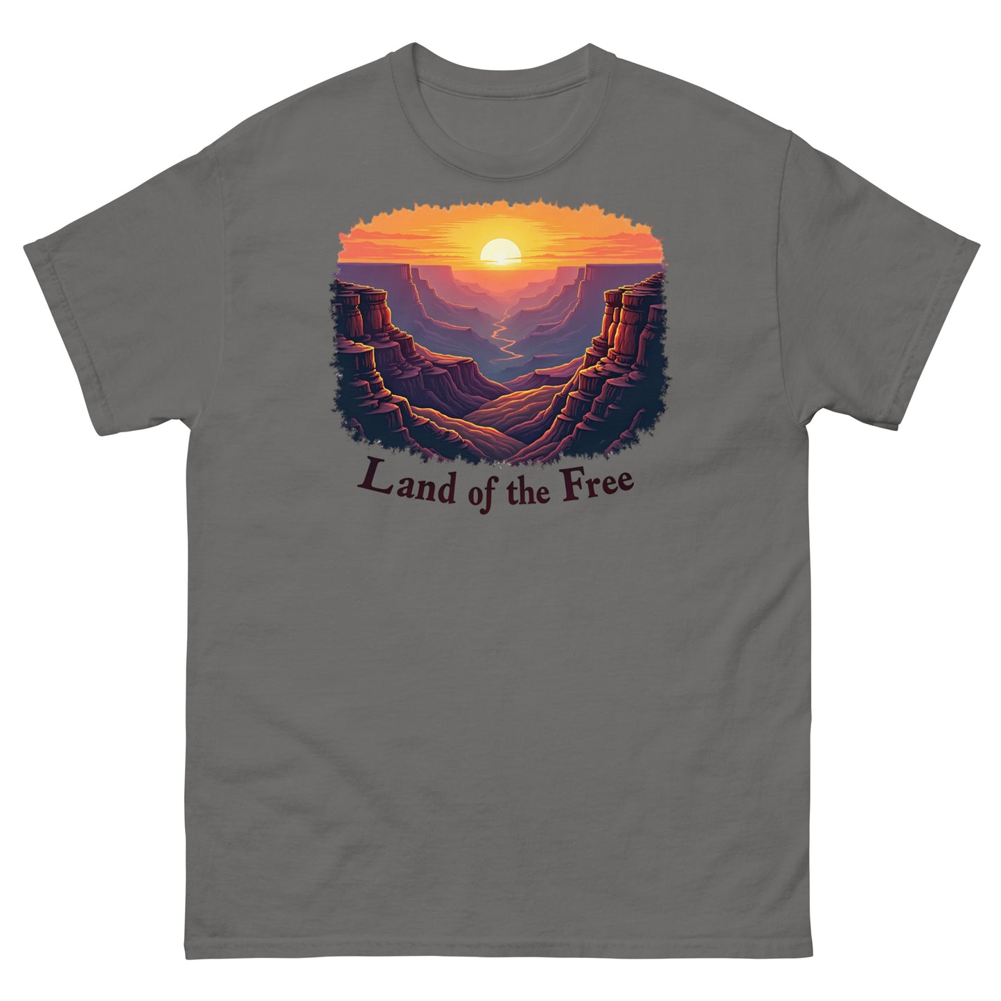 Charcoal gray t-shirt with a bold canyon sunrise design and “Land of the Free” slogan.