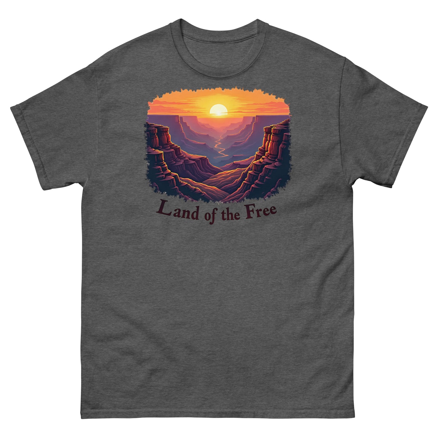 Dark heather t-shirt with a patriotic canyon sunrise design and “Land of the Free” script.