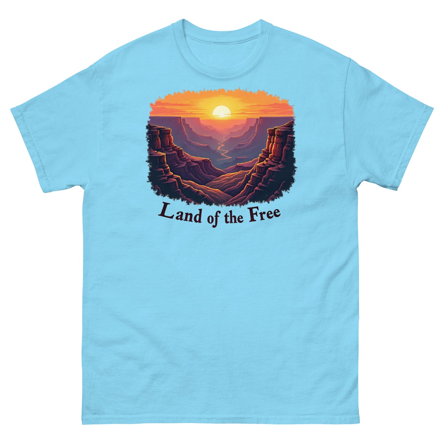 Sky blue t-shirt with a patriotic canyon sunrise design and “Land of the Free” text.