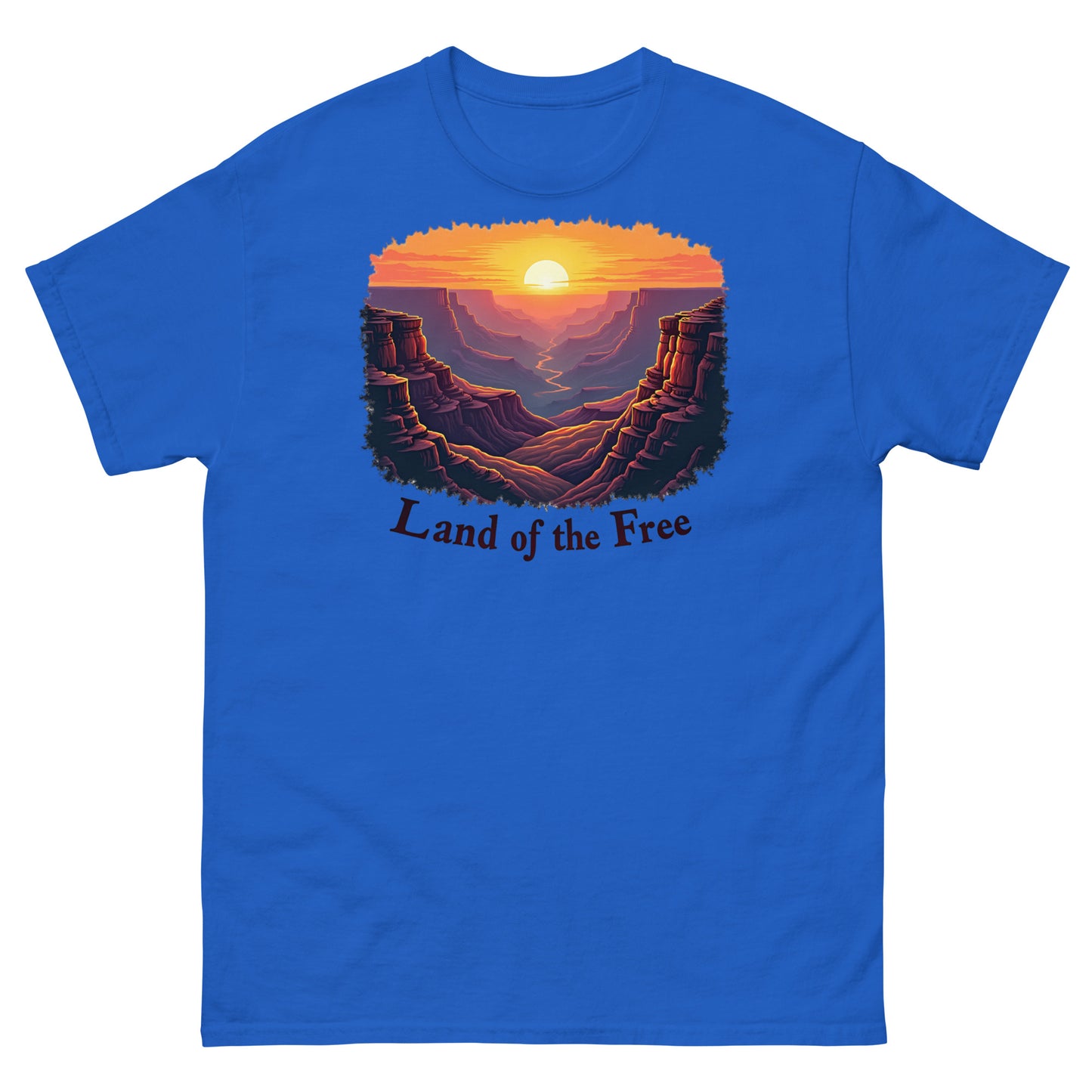 Patriotic canyon sunrise USA flag tee in royal blue