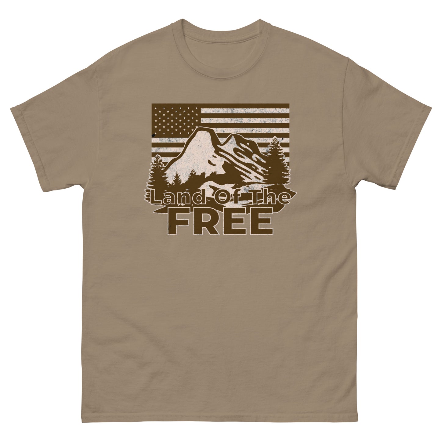 Brown Savana t-shirt with vintage “Land of the Free” design featuring mountains and trees.