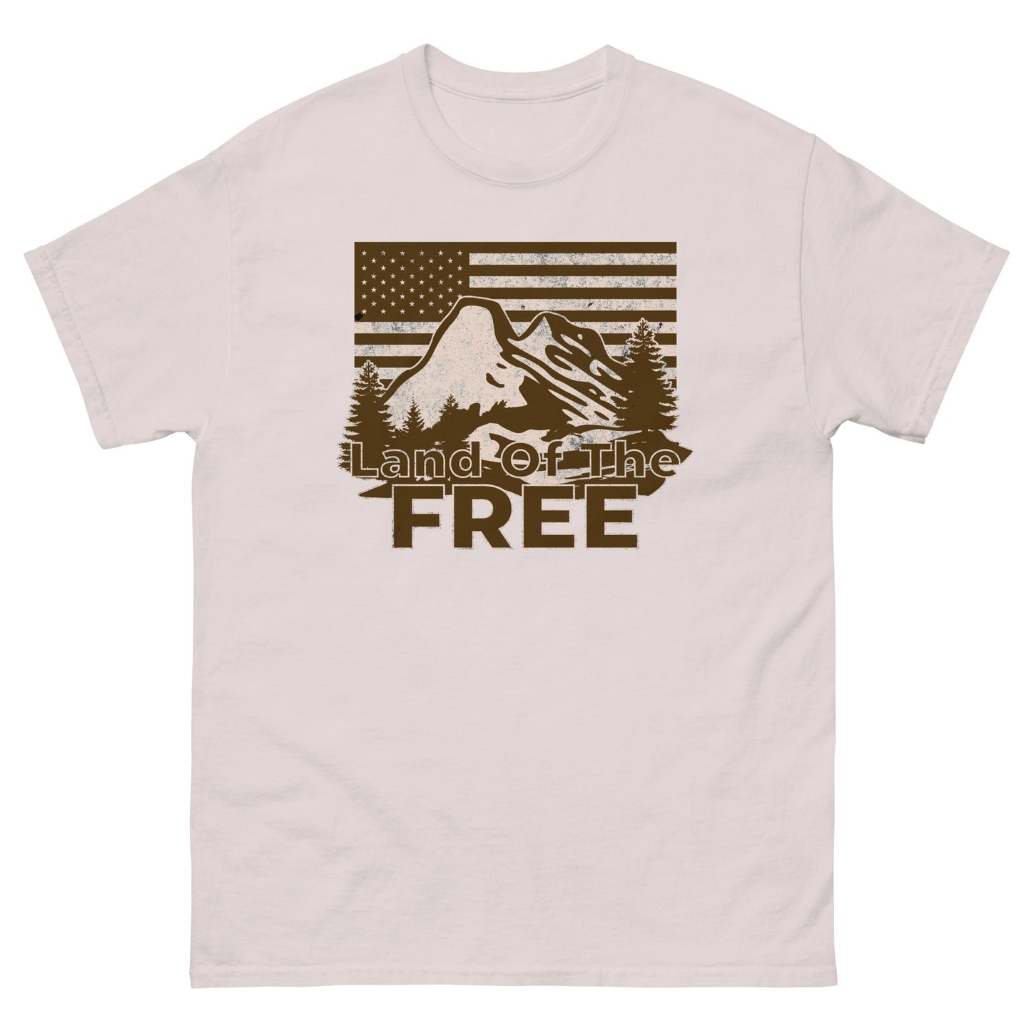 Ice Grey t-shirt featuring vintage-inspired mountain and forest design with “Land of the Free” phrase.