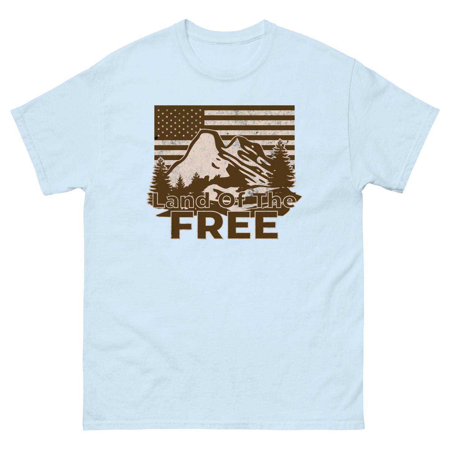 Light Blue t-shirt with rustic mountain scene and classic American outdoors design reading “Land of the Free.”