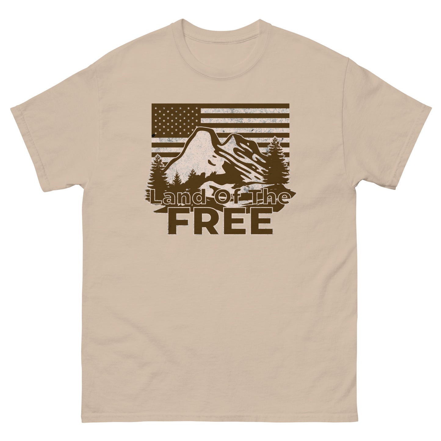 Sand color t-shirt with classic “Land of the Free” graphic in rustic mountain theme.