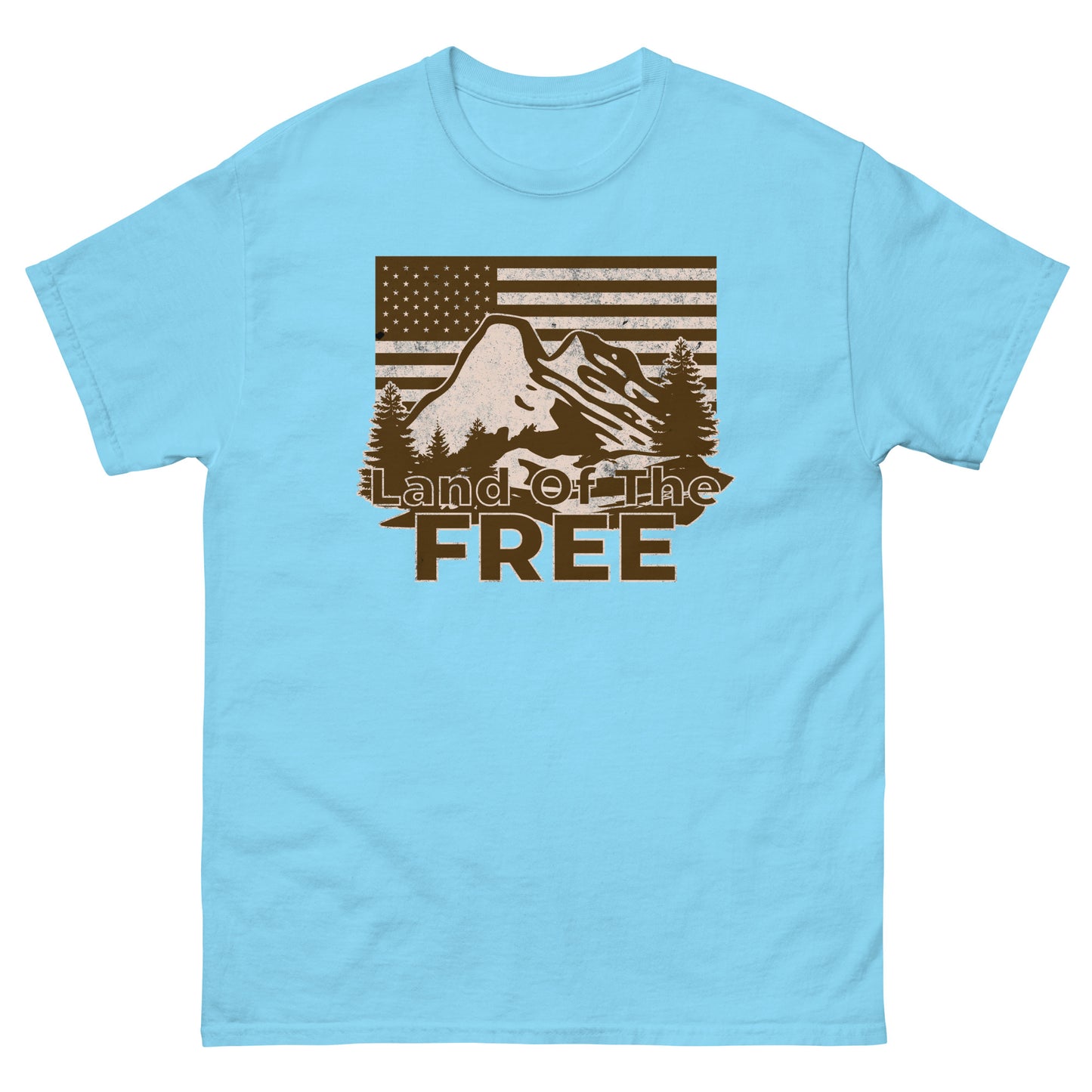Sky blue t-shirt featuring a vintage “Land of the Free” design with mountain scene and American flag.