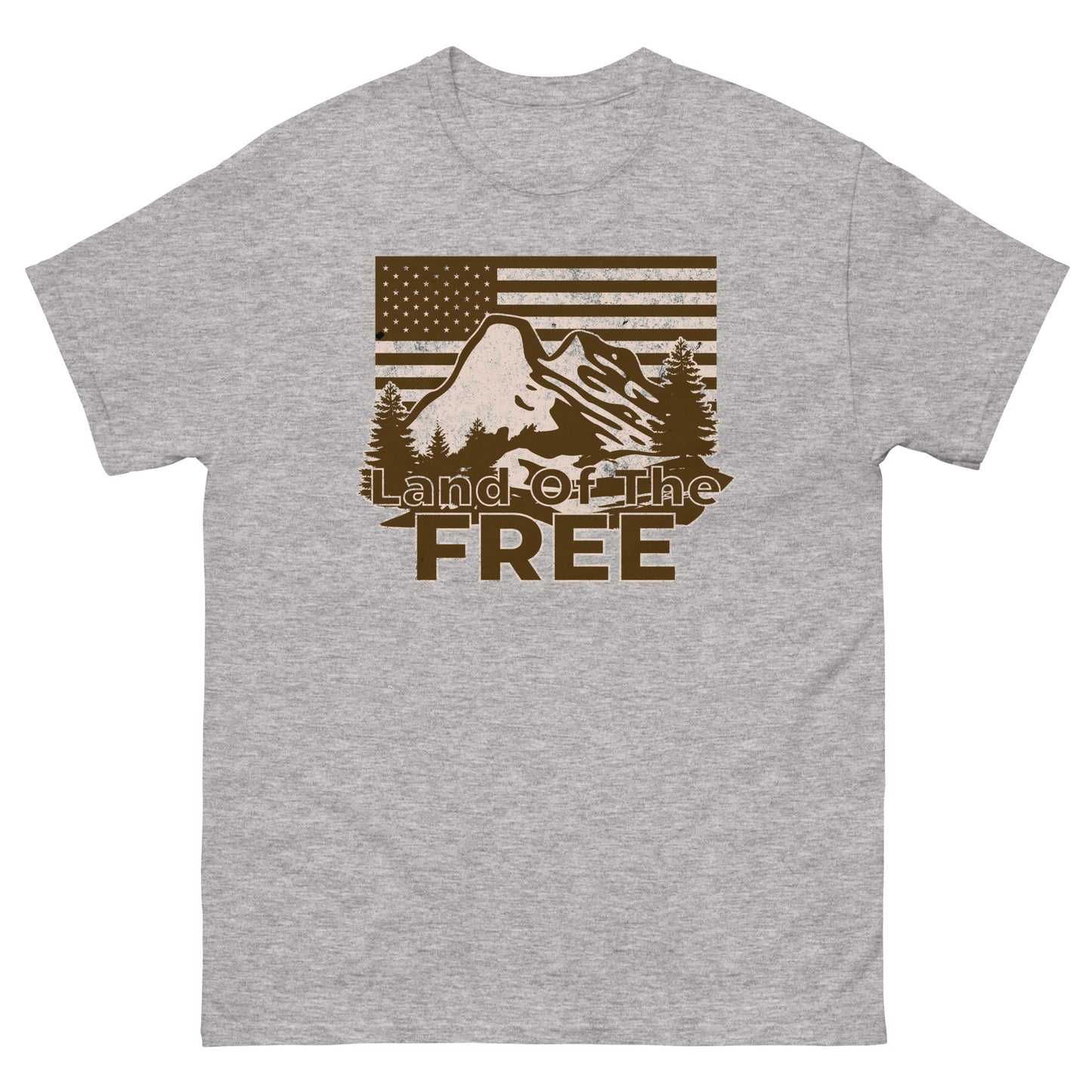 Sport Grey t-shirt featuring vintage American outdoors design with mountain, trees, and stars and stripes.
