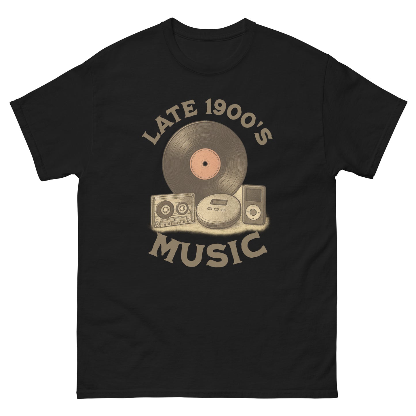 Black nostalgic music lover shirt with vintage tape, CD, vinyl and “Late 1900s” print