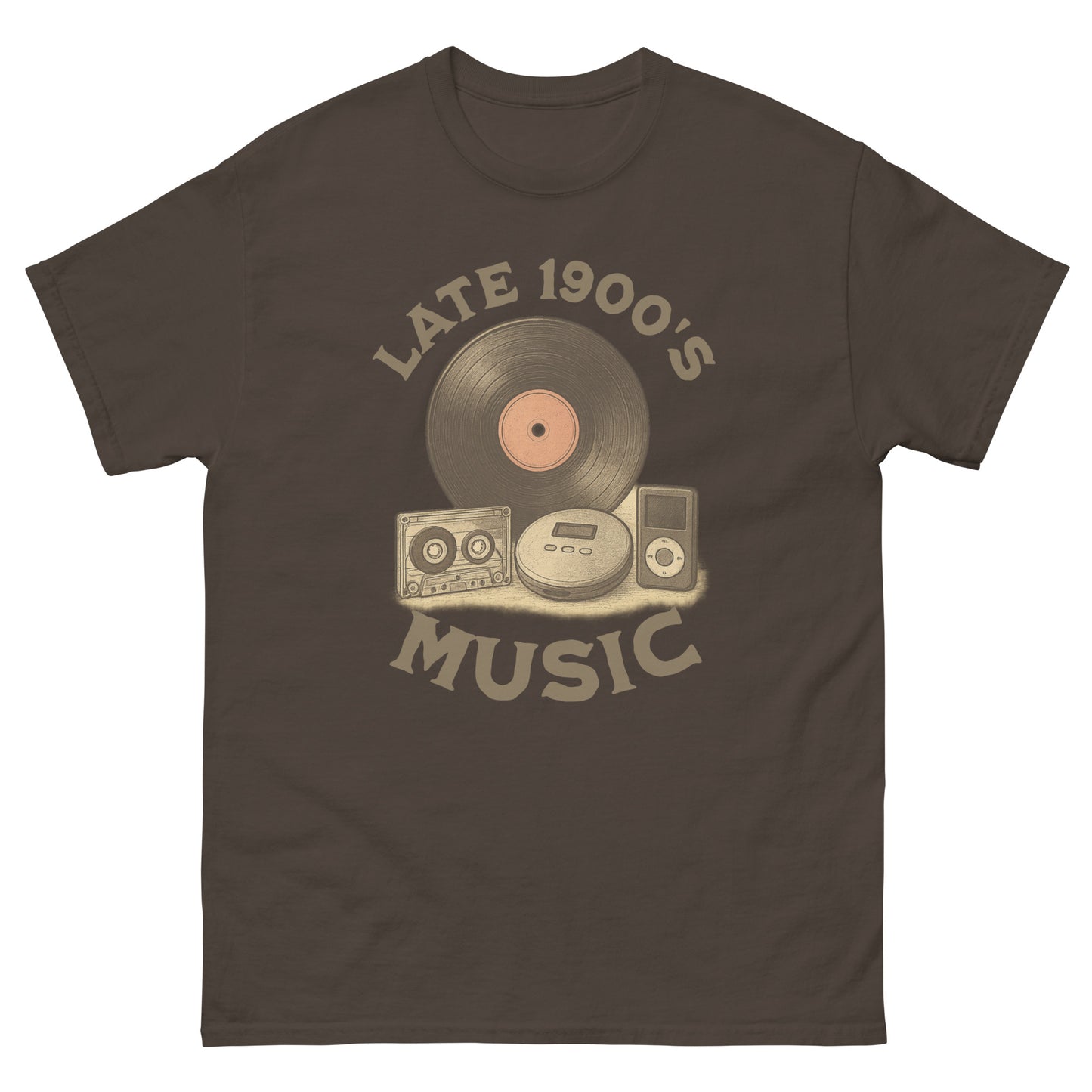 Dark chocolate throwback music shirt with cassette, CD player, vinyl, and iPod