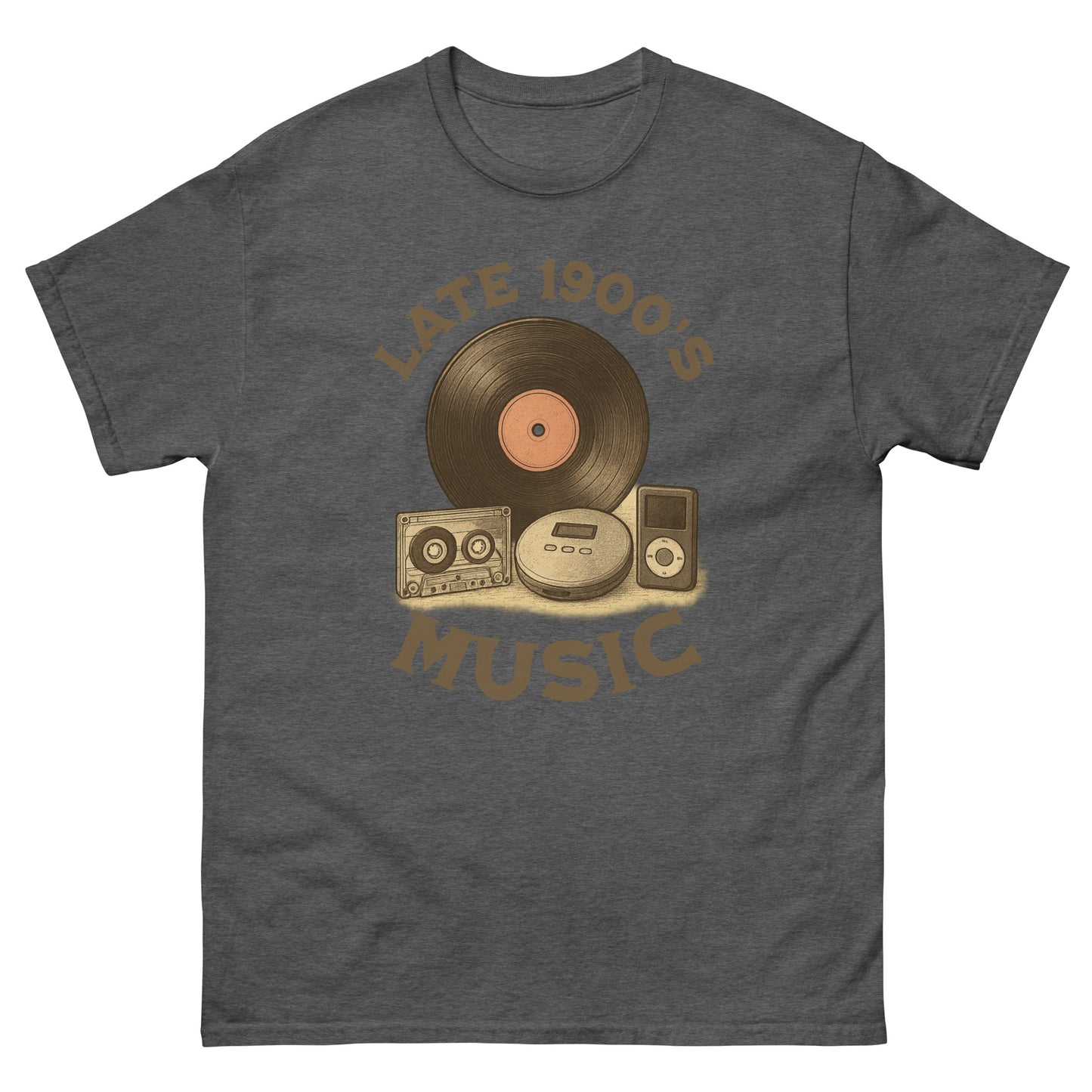 Dark heather retro music humor tee with “Late 1900s” graphic for vintage fans
