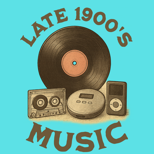 Close-up of “Late 1900s Music” t-shirt design featuring vinyl record, cassette tape, CD, and iPod in retro style