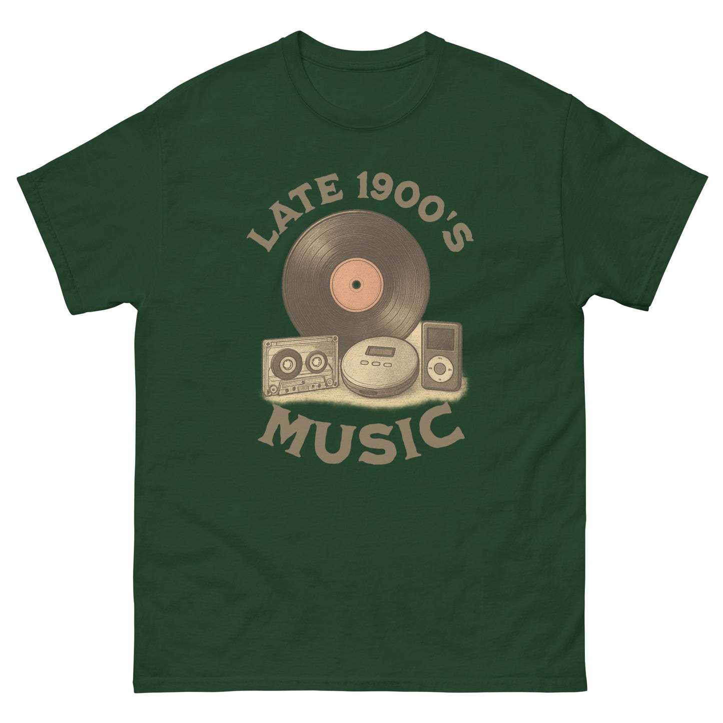 Forest green t-shirt with nostalgic music pun and illustrations of old-school media