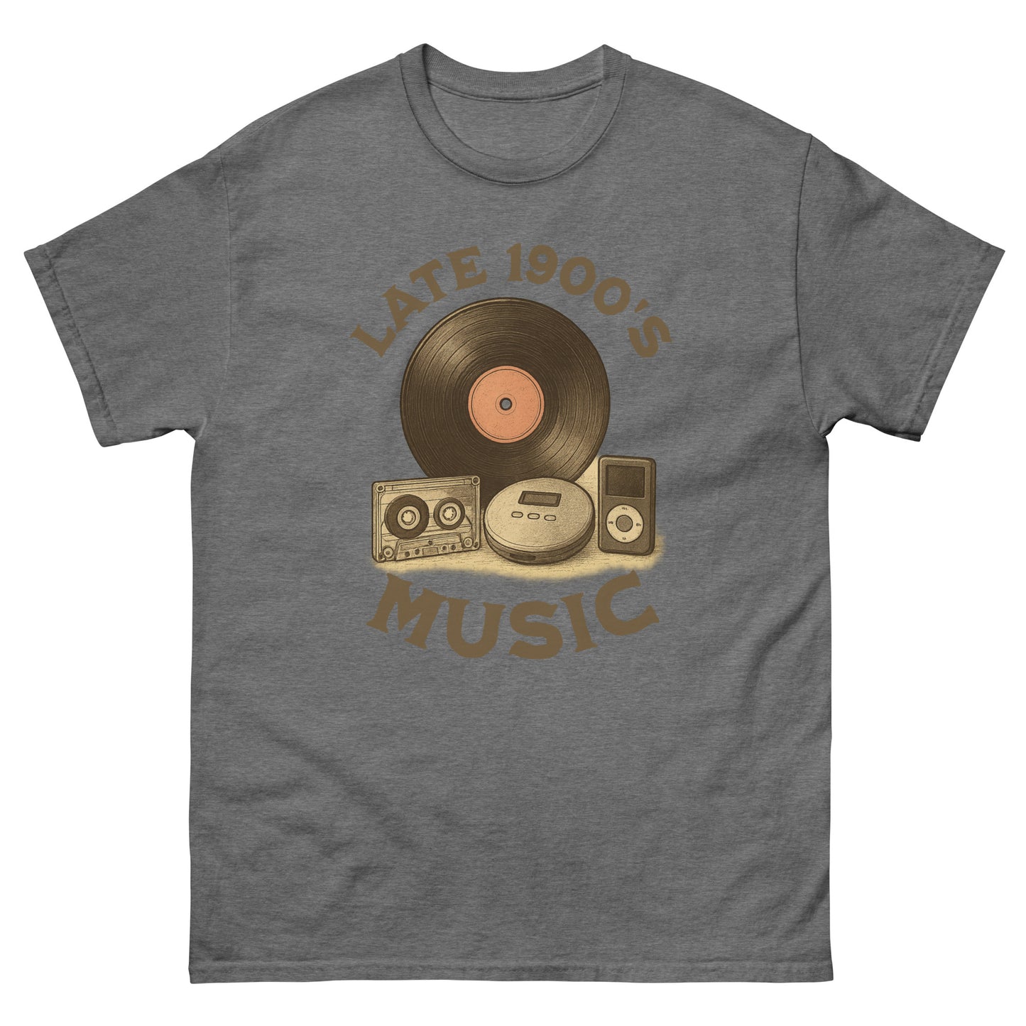 Graphite heather retro music shirt with classic tech and “Late 1900s Music” slogan