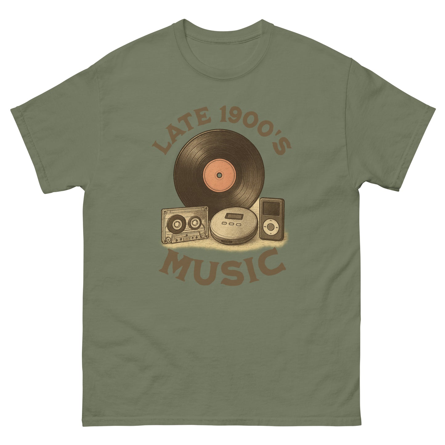 Military green ironic music history tee with old-school media devices and retro tone