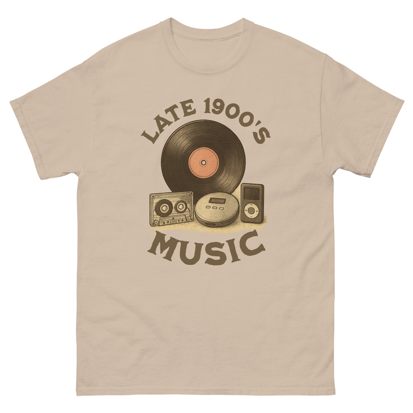 Sand colored vintage tech shirt for 90s kids, music historians, and analog lovers