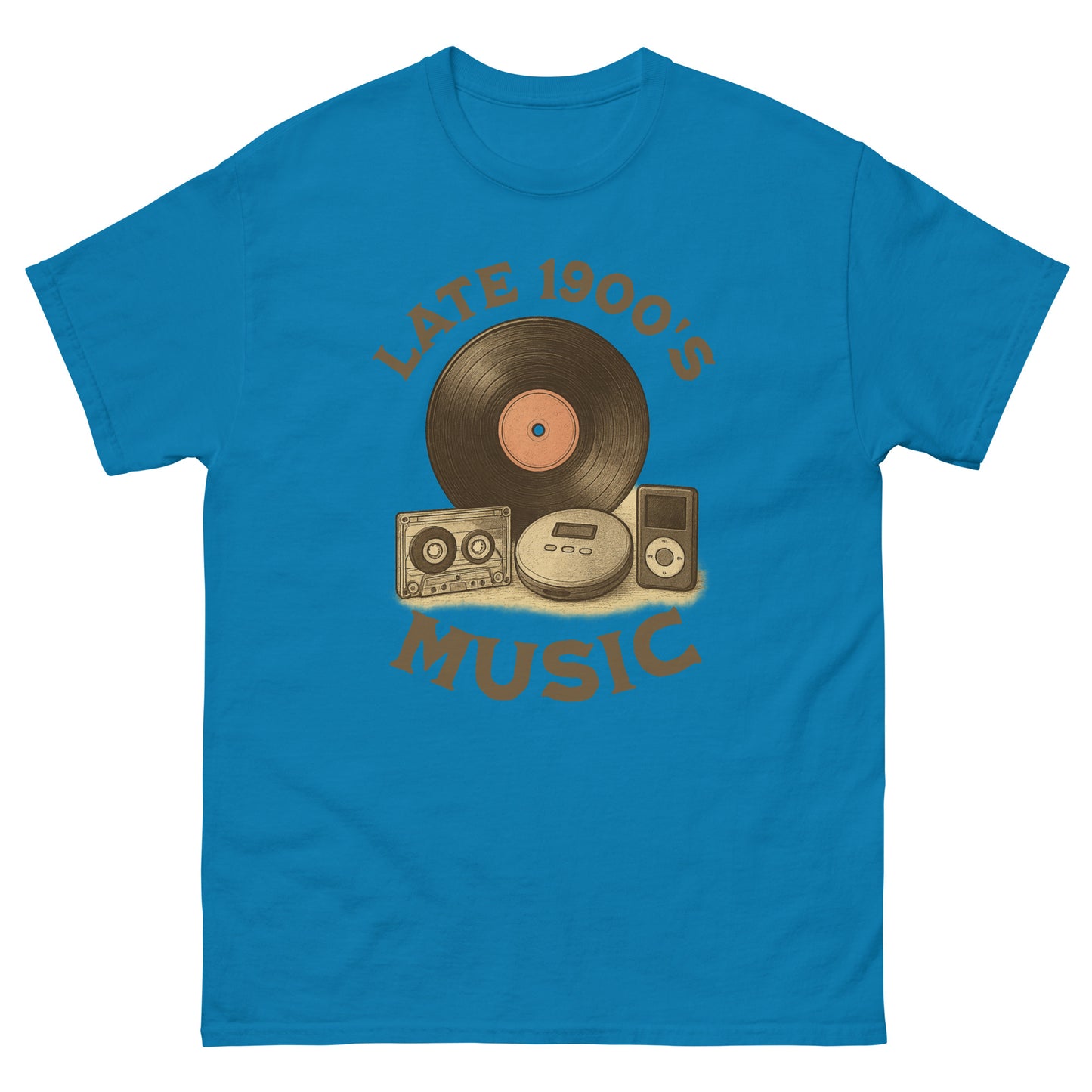 Sapphire blue funny 90s music lover shirt with illustrated mixtape and nostalgic punchline