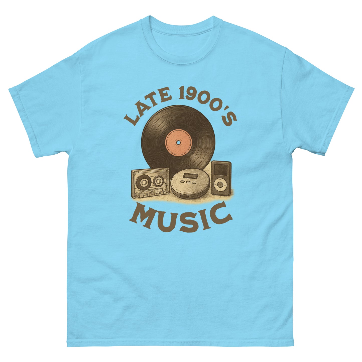Sky blue tee with funny nostalgic artwork and “Late 1900s Music” theme