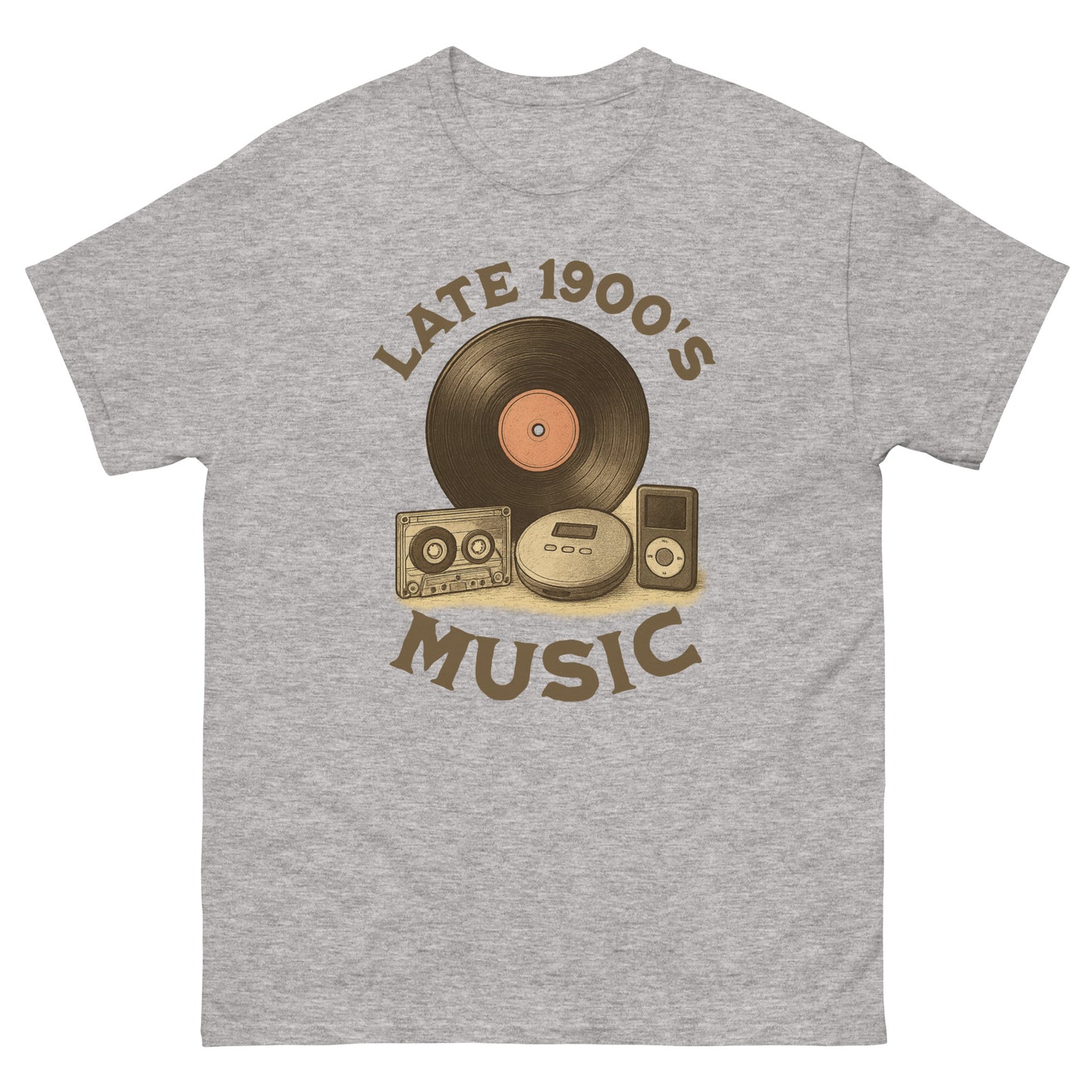Sport grey music fan shirt with cassette, record, CD player, and early iPod illustration