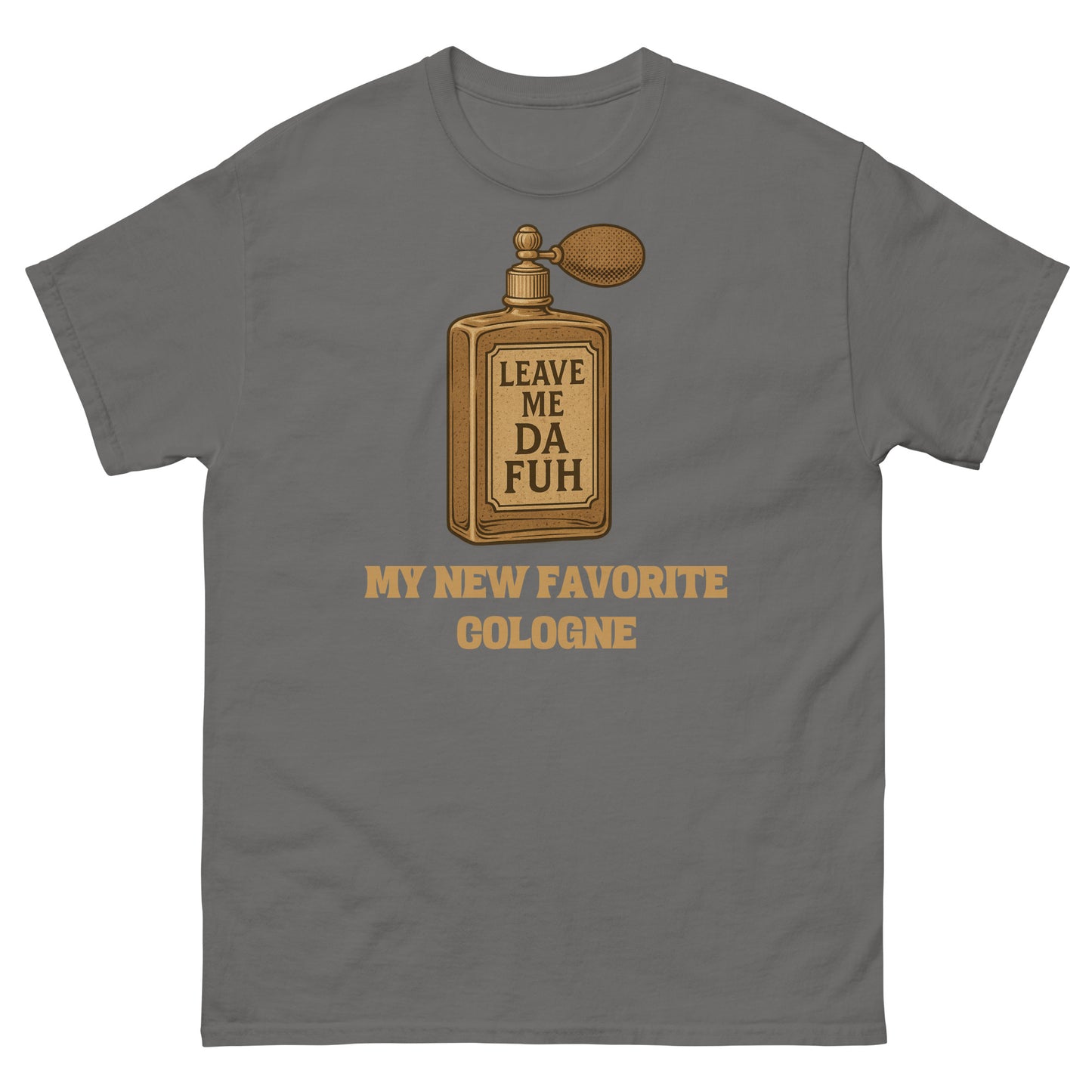 Charcoal sarcastic graphic tee for anti-social moods, with cologne label design