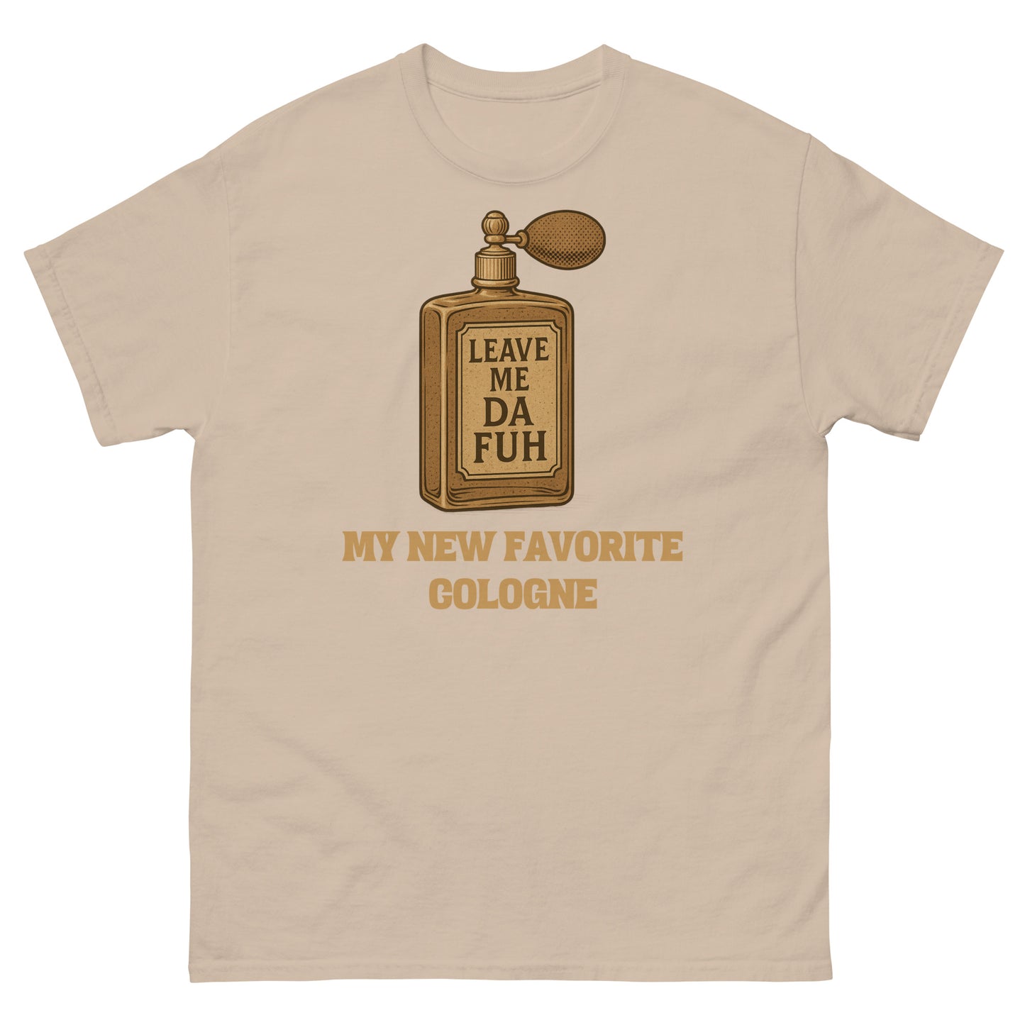 Sand colored anti-social graphic shirt with humorous vintage fragrance label