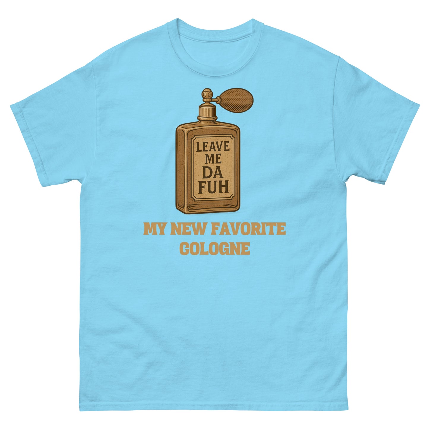 Sky blue sarcastic introvert graphic tee with faux cologne design and isolating humor