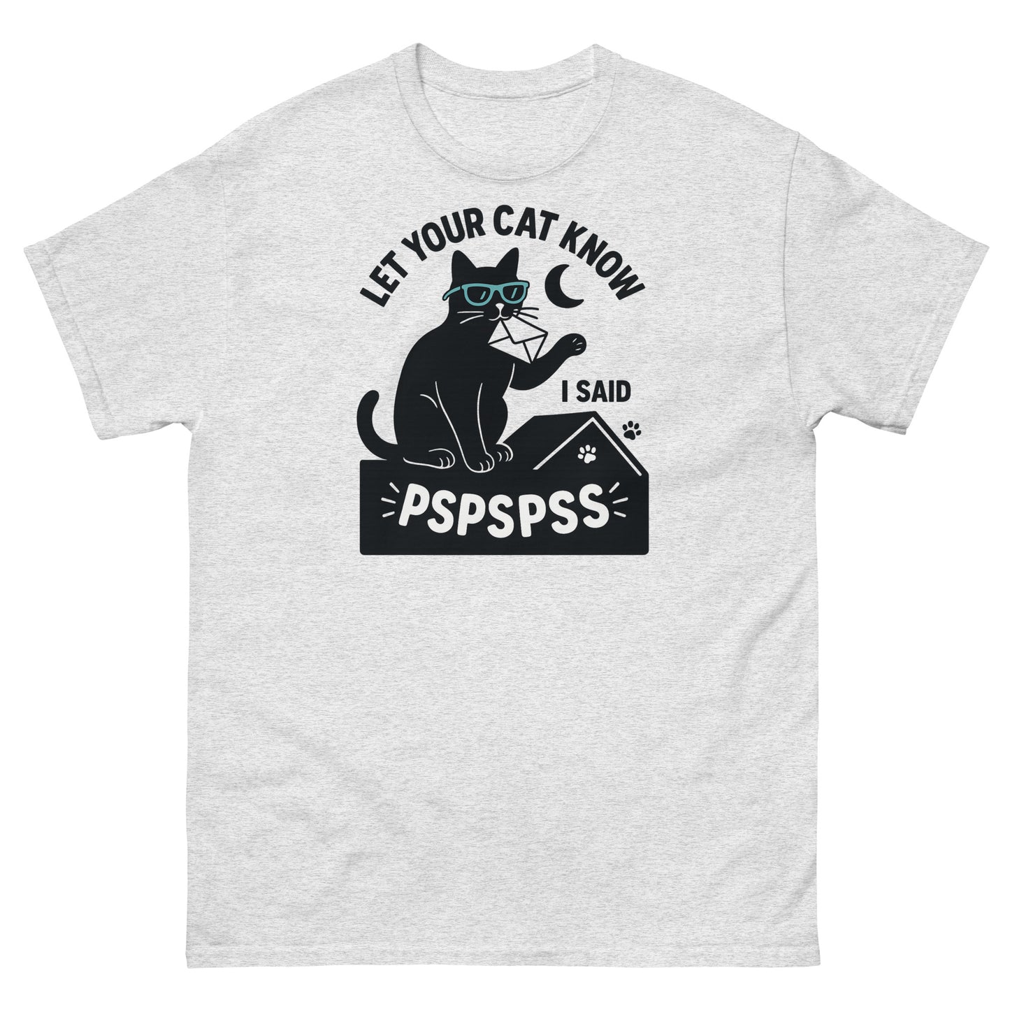 Ash grey funny cat shirt with meow-inspired message and cartoon-style pet design