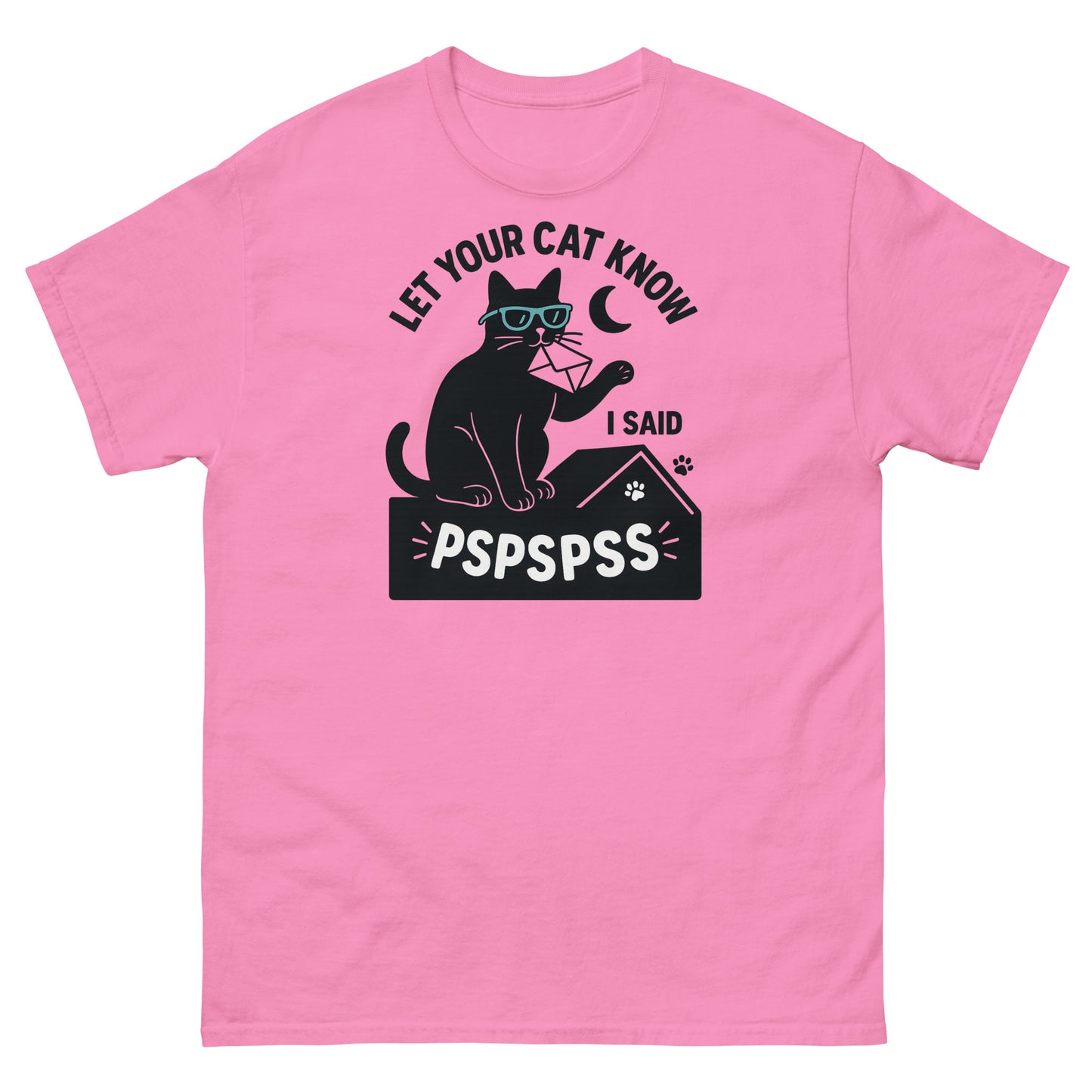 Azalea pink funny cat t-shirt with glasses-wearing cartoon cat and sarcastic feline message